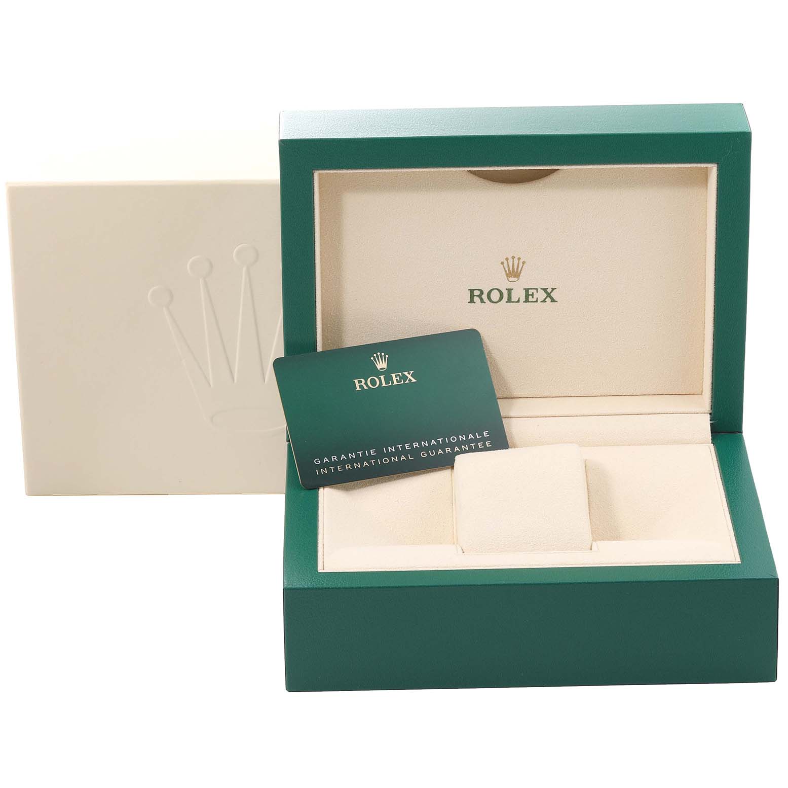 This image shows a Rolex GMT-Master 126713 Men's Steel and Gold (two tone) Black Dial 126713 Men's Steel and Gold (two tone) Black Dial watch box and the international guarantee card from a front angle.