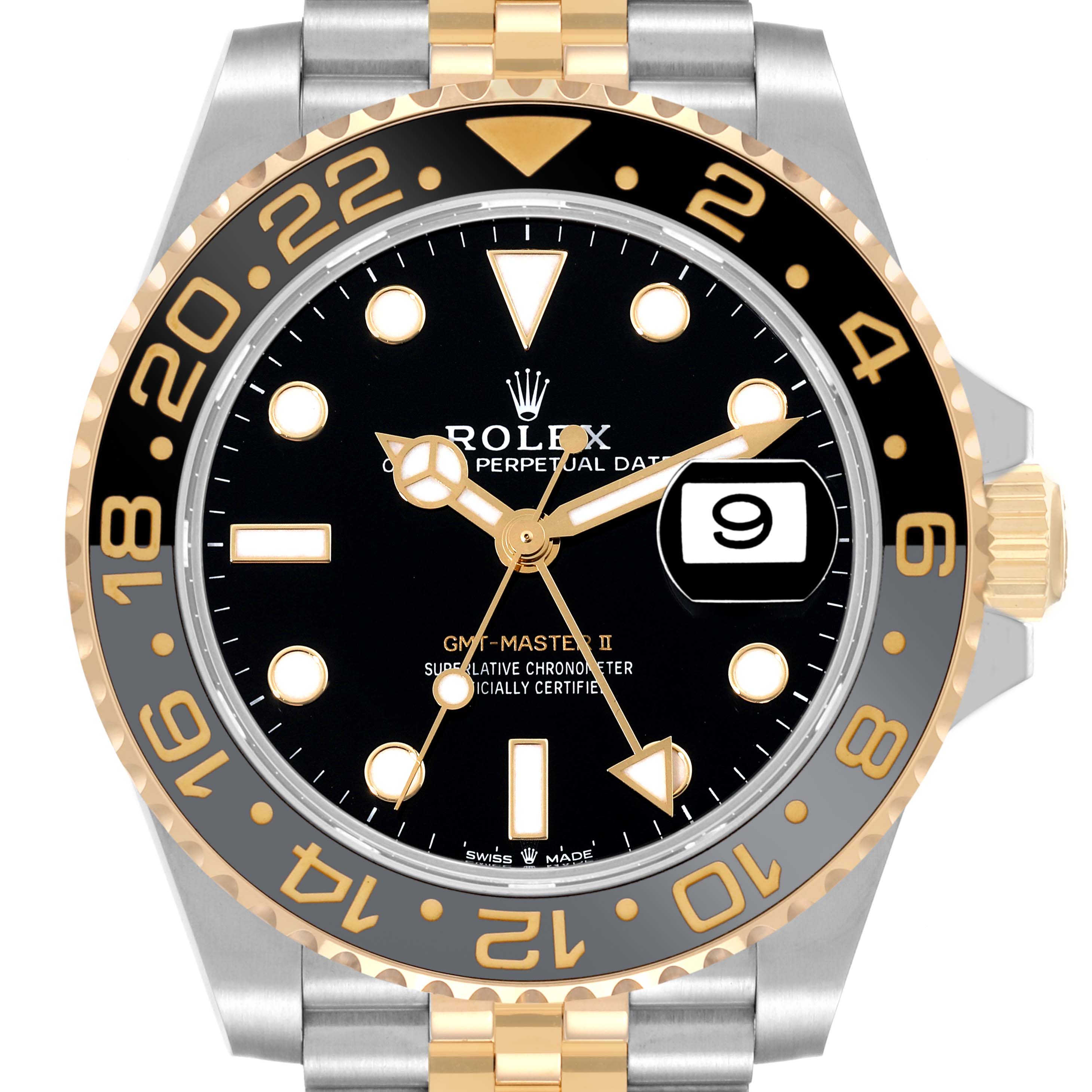 This Rolex GMT-Master 126713 Men's Steel and Gold (two tone) Black Dial 126713 Men's Steel and Gold (two tone) Black Dial II watch is shown from a front angle, featuring its black and gold bezel, black dial, and date window.