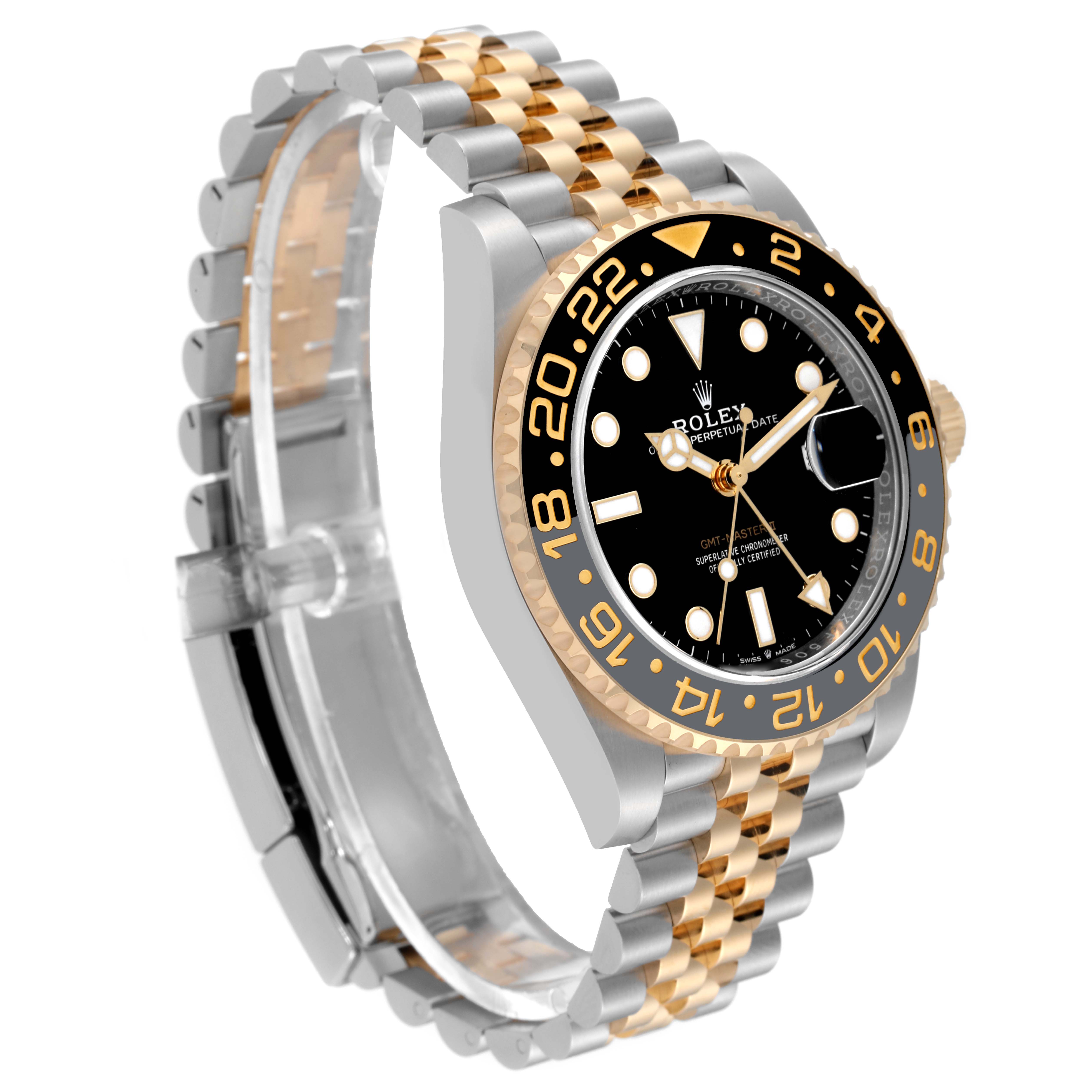 The Rolex GMT-Master 126713 Men's Steel and Gold (two tone) Black Dial 126713 Men's Steel and Gold (two tone) Black Dial watch is shown at an angle highlighting its black dial, two-tone bracelet, and bezel with 24-hour markings.