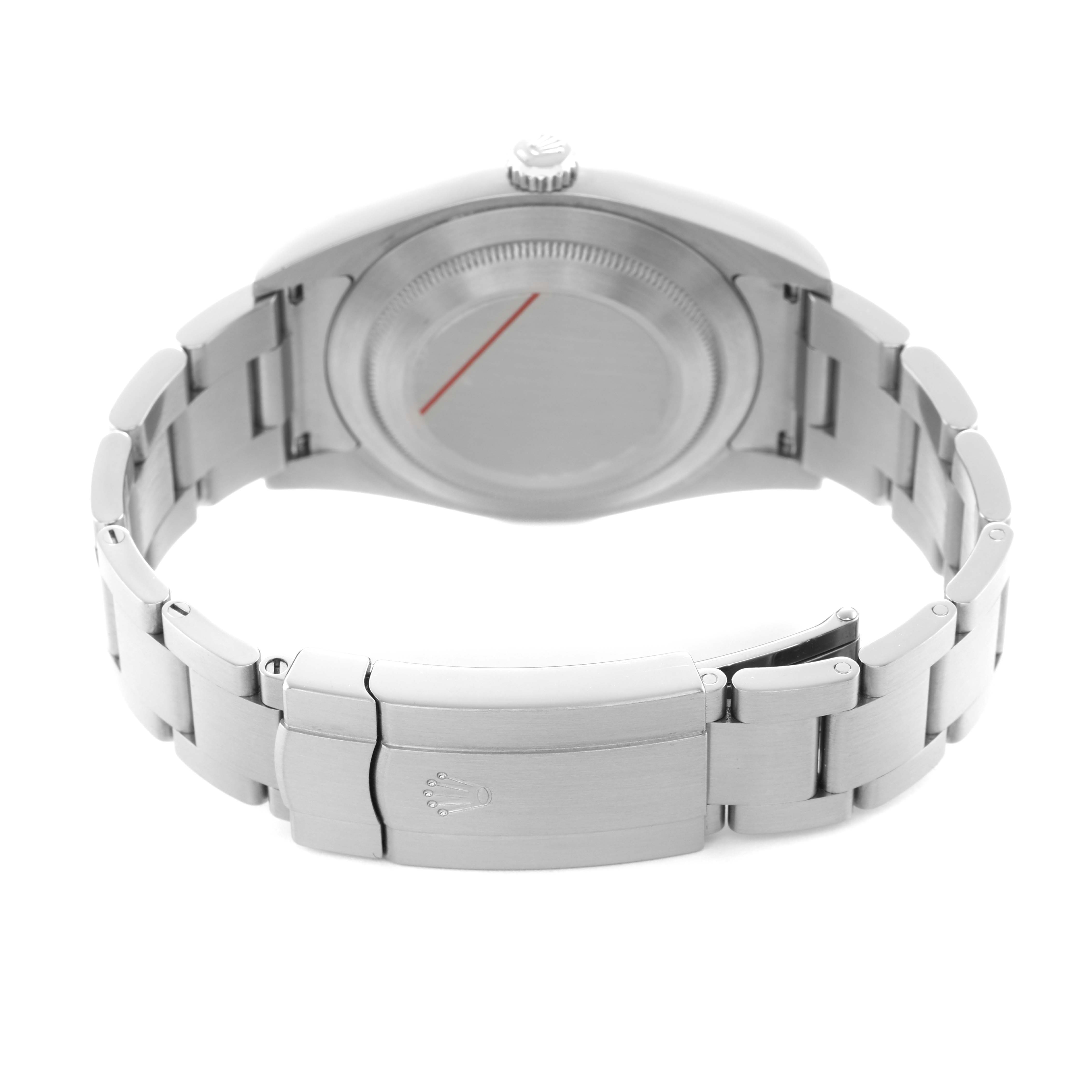 This image shows the back case and bracelet clasp of a Rolex Oyster Perpetual 114300 Men's Stainless Steel Blue Dial watch.