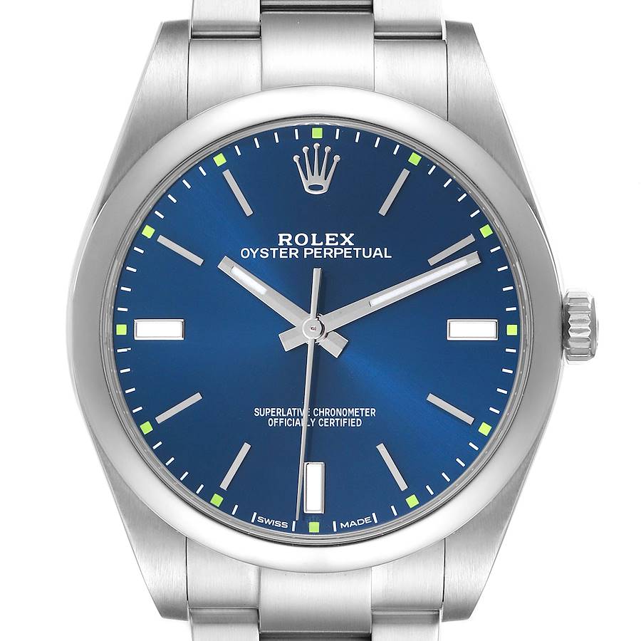 The Rolex Oyster Perpetual 114300 Men's Stainless Steel Blue Dial watch is shown from a front angle, displaying the blue dial, hands, and bracelet.