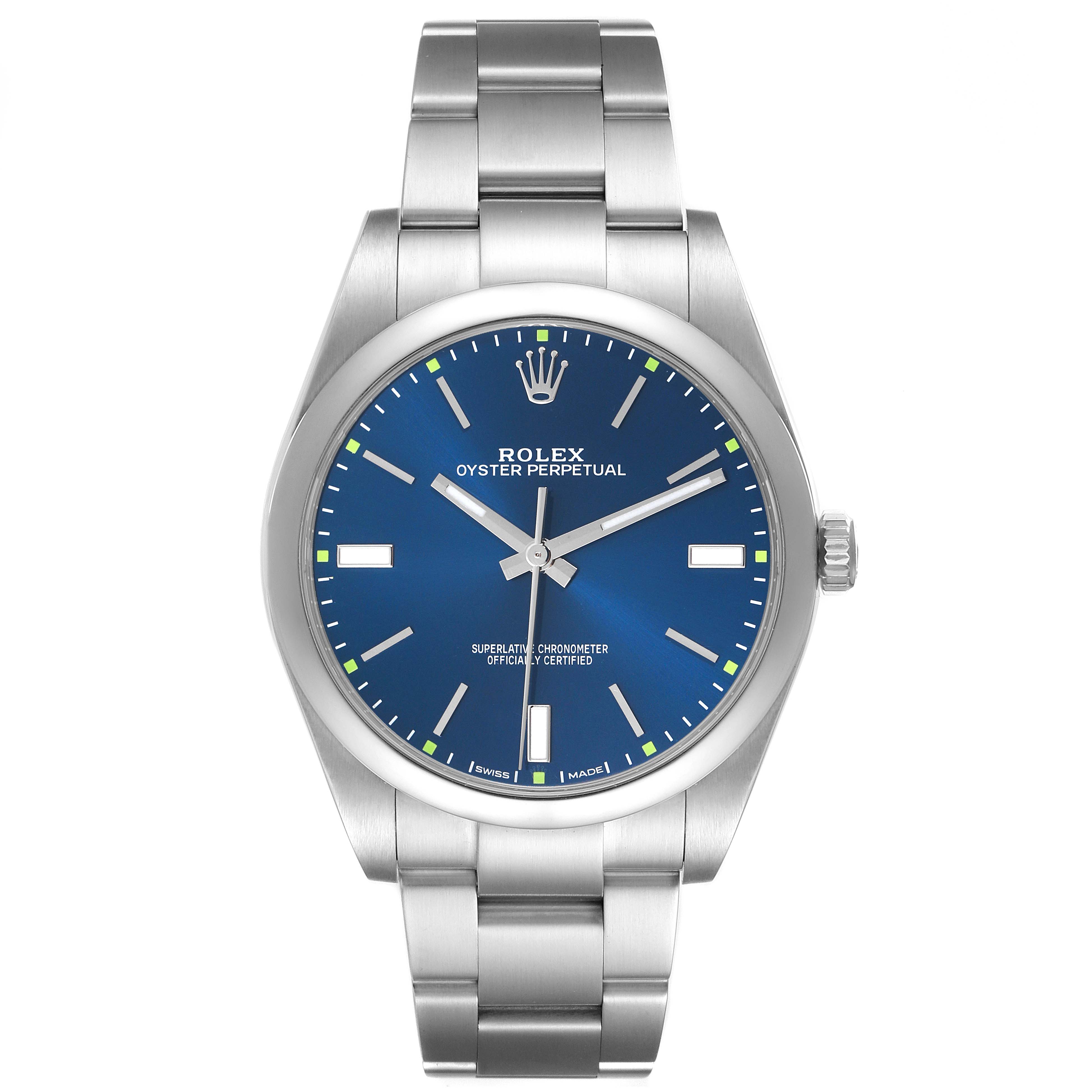 The Rolex Oyster Perpetual 114300 Men's Stainless Steel Blue Dial watch is shown from a frontal angle, highlighting the dial, bracelet, and crown.