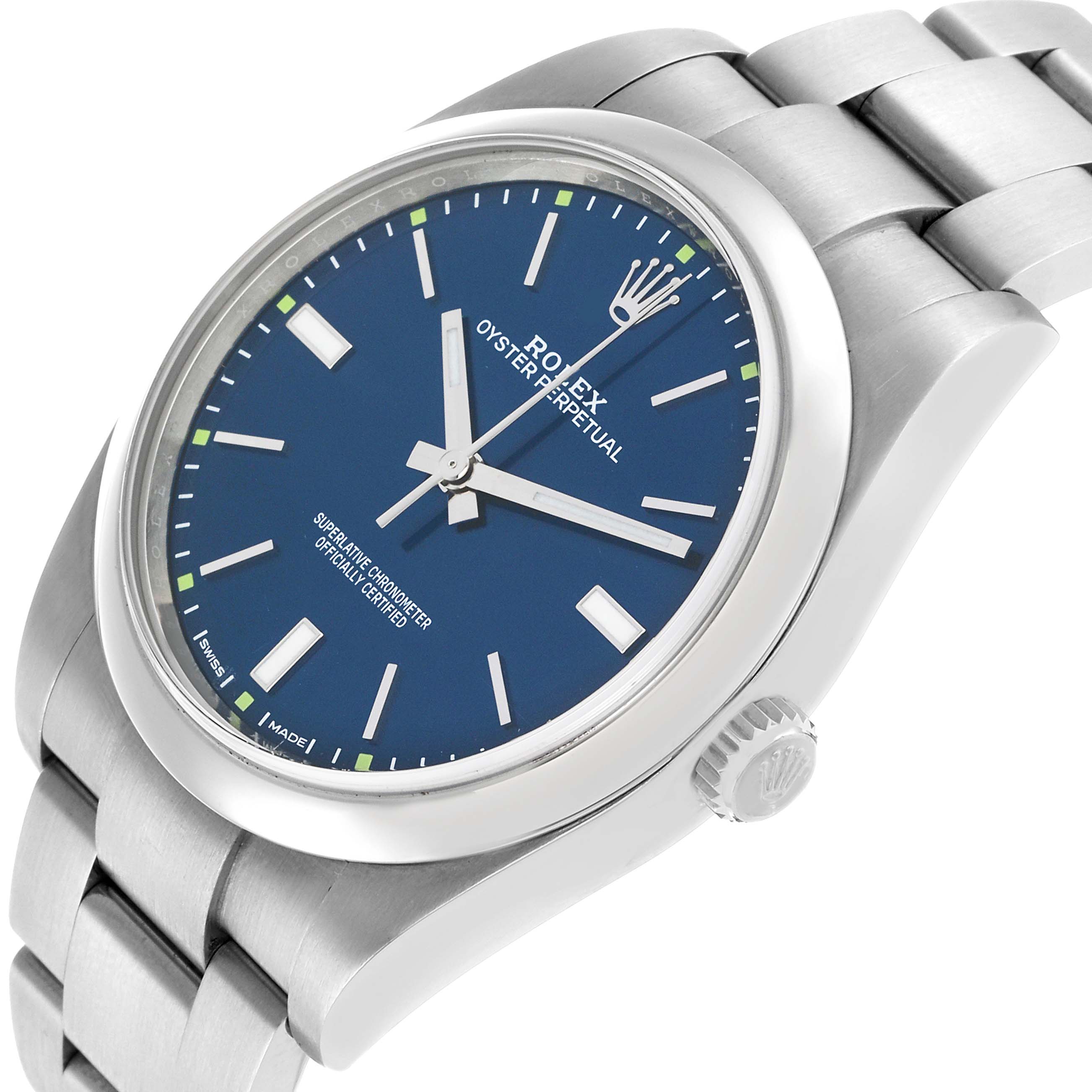 The Rolex Oyster Perpetual 114300 Men's Stainless Steel Blue Dial watch is shown at a slight angle, displaying the blue dial, bracelet, and crown.