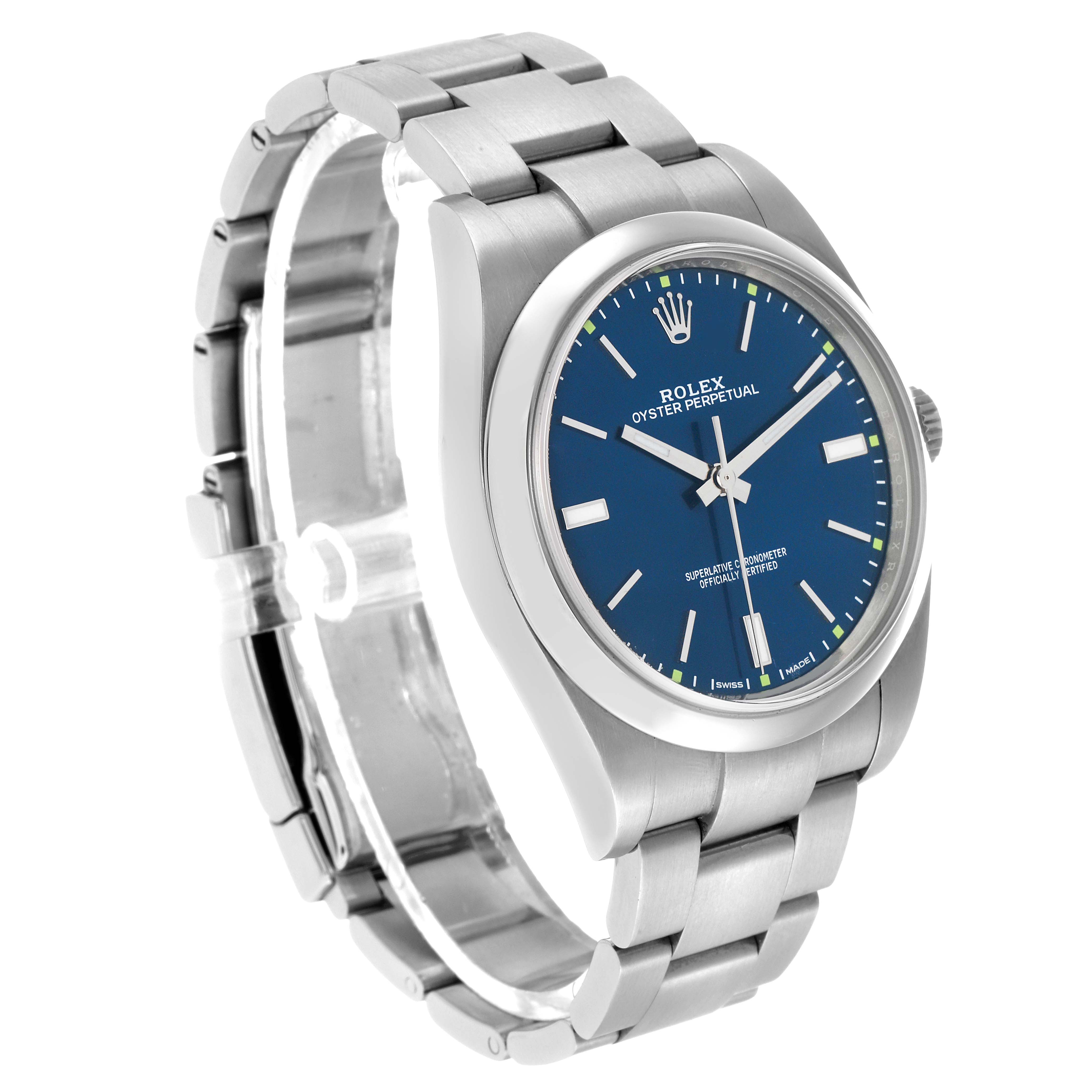 The Rolex Oyster Perpetual 114300 Men's Stainless Steel Blue Dial is shown at an angled side view, highlighting the blue dial, bezel, case, and bracelet.