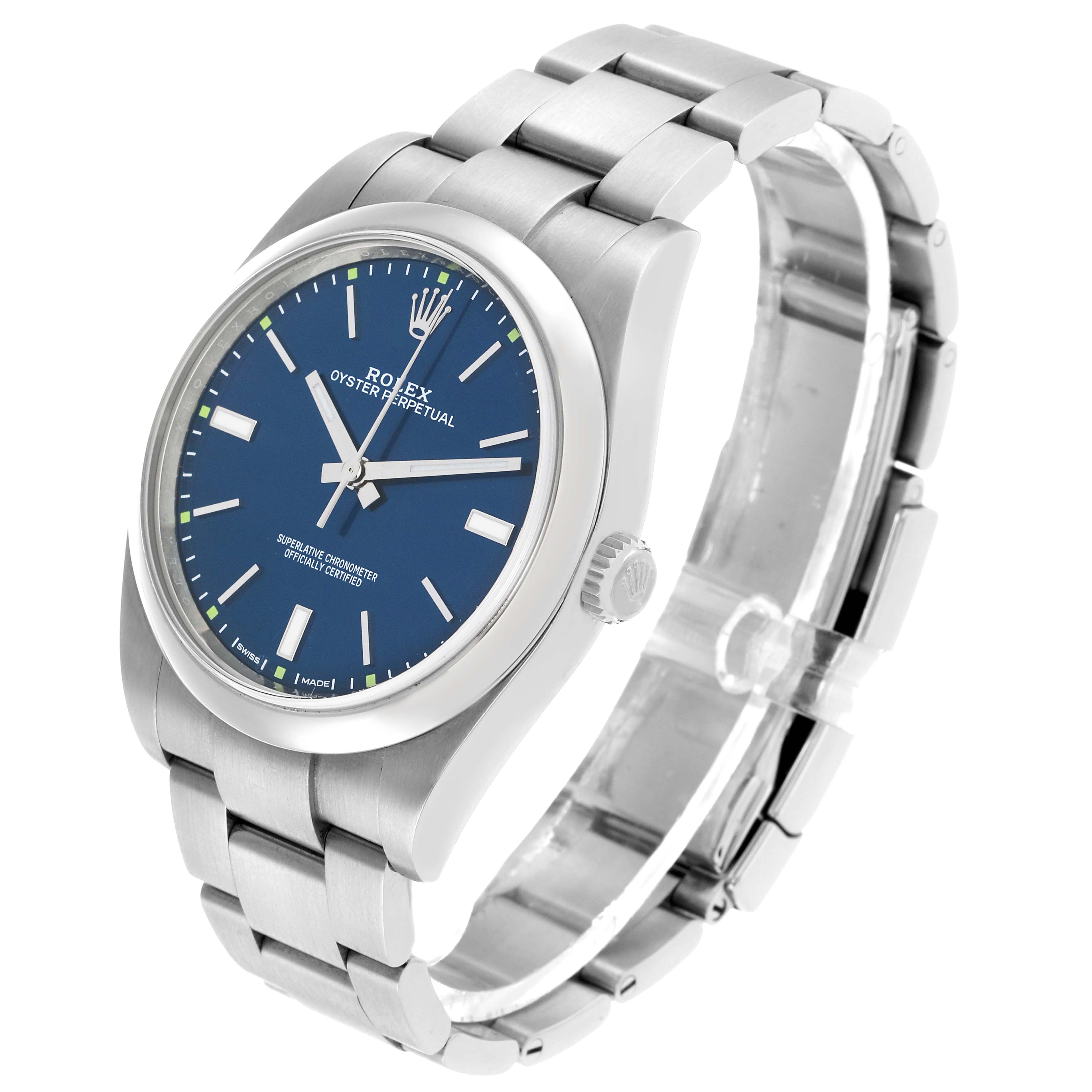 The Rolex Oyster Perpetual 114300 Men's Stainless Steel Blue Dial watch is shown at an angled side view, displaying the face, crown, and bracelet.