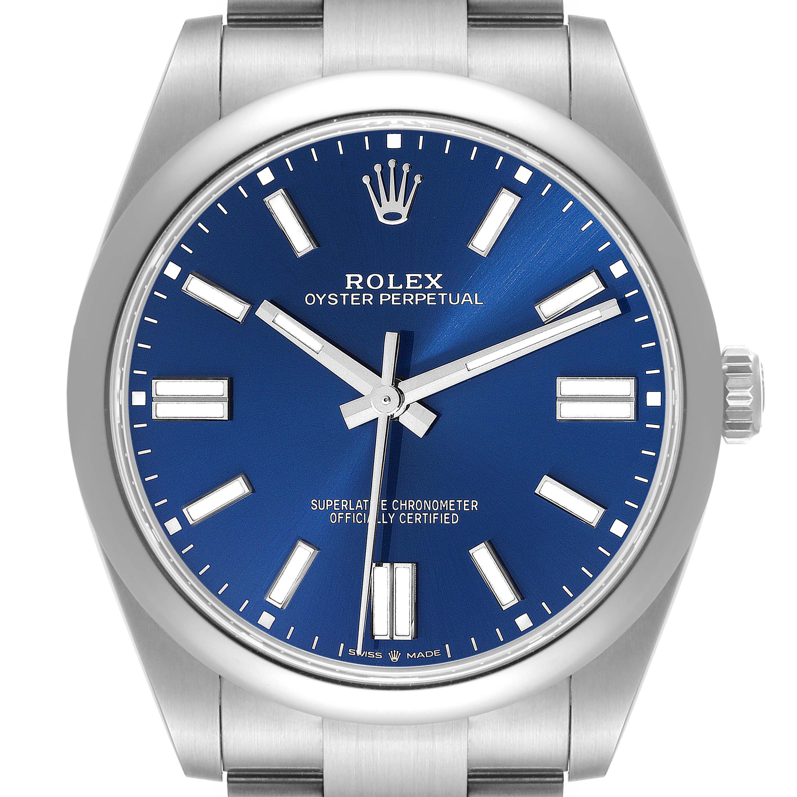 This image shows a front view of a Rolex Oyster Perpetual 124300 Men
s Stainless Steel Blue Dial 124300 Men
s Stainless Steel Blue Dial watch with a blue dial and luminescent hour markers.