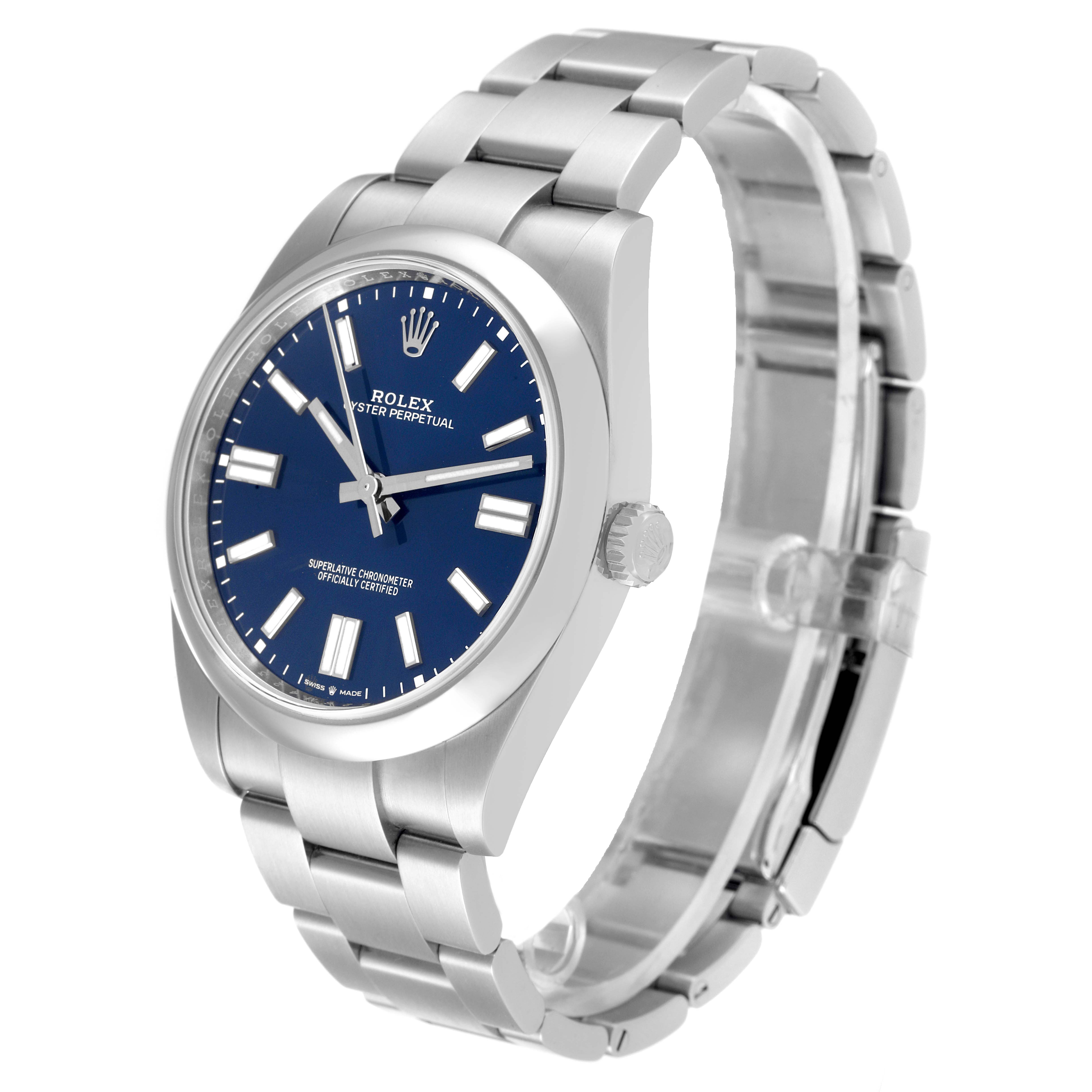 The image shows a Rolex Oyster Perpetual 124300 Men
s Stainless Steel Blue Dial 124300 Men
s Stainless Steel Blue Dial watch with a blue dial, silver case, and bracelet, seen at a slight angle from the front.