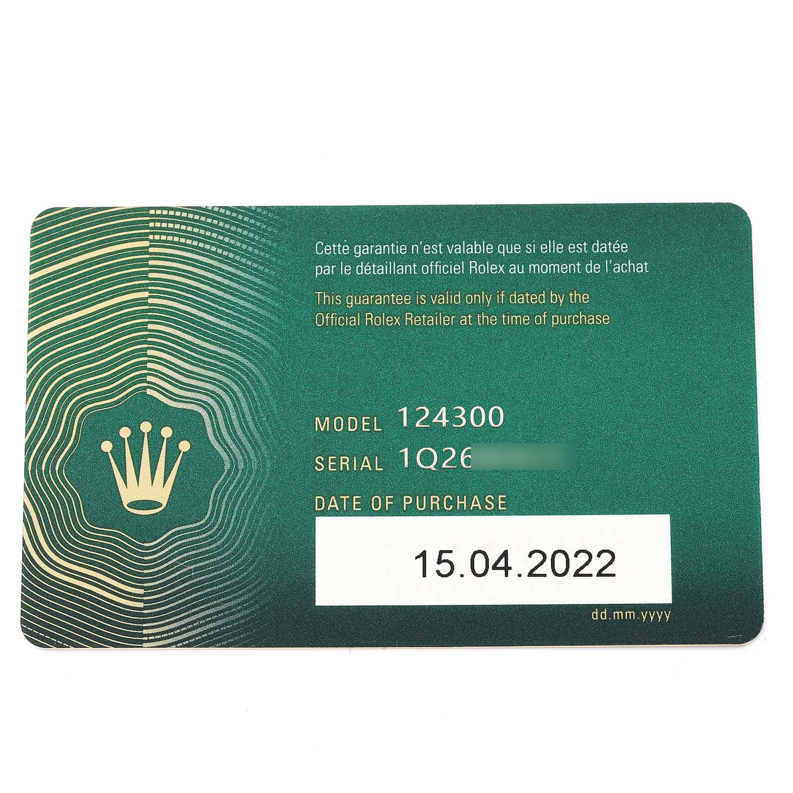 The image shows a warranty card for a Rolex Oyster Perpetual 124300 Men
s Stainless Steel Blue Dial 124300 Men
s Stainless Steel Blue Dial model 124300 watch.