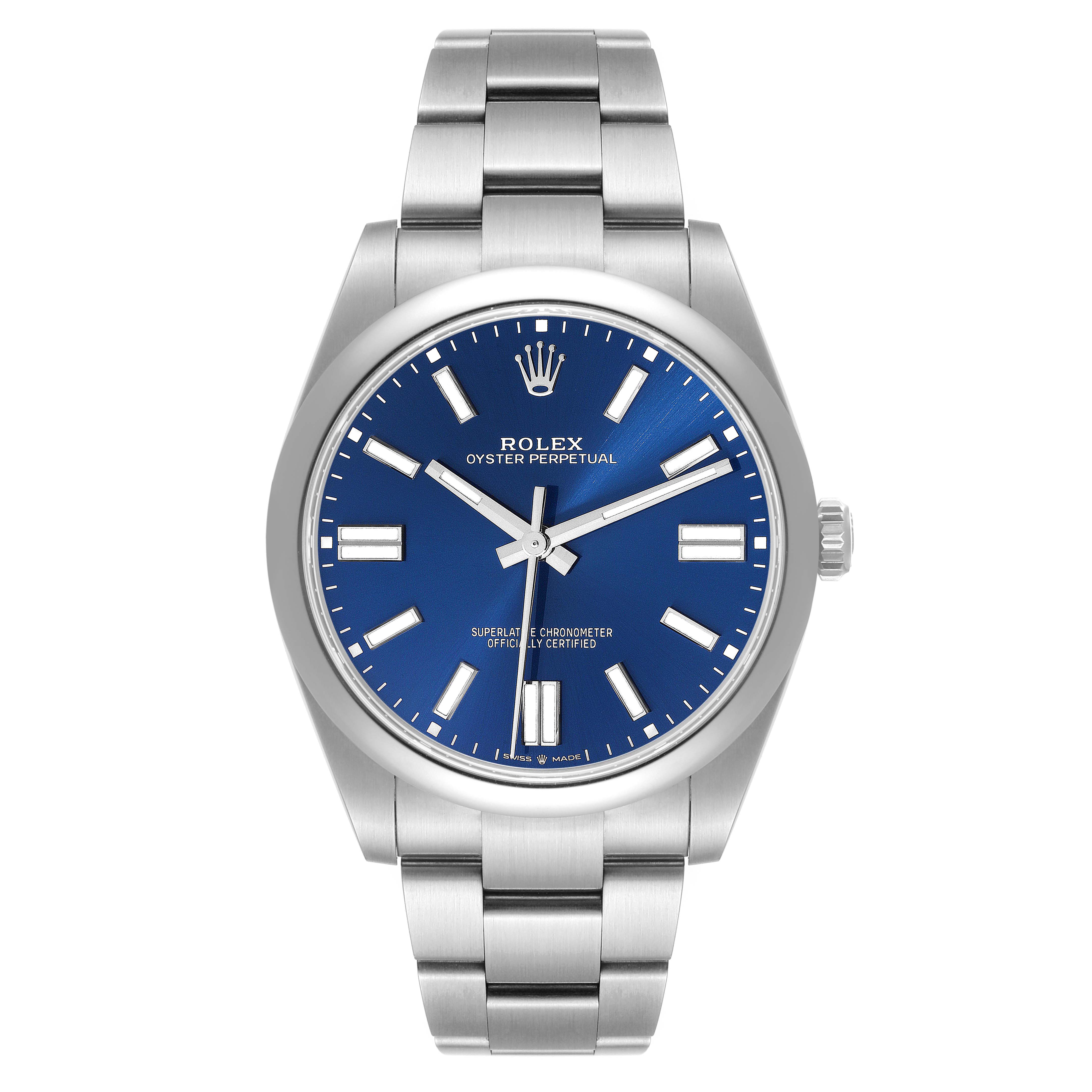 The image shows a front view of the Rolex Oyster Perpetual 124300 Men
s Stainless Steel Blue Dial 124300 Men
s Stainless Steel Blue Dial watch, highlighting its blue dial and stainless steel bracelet.