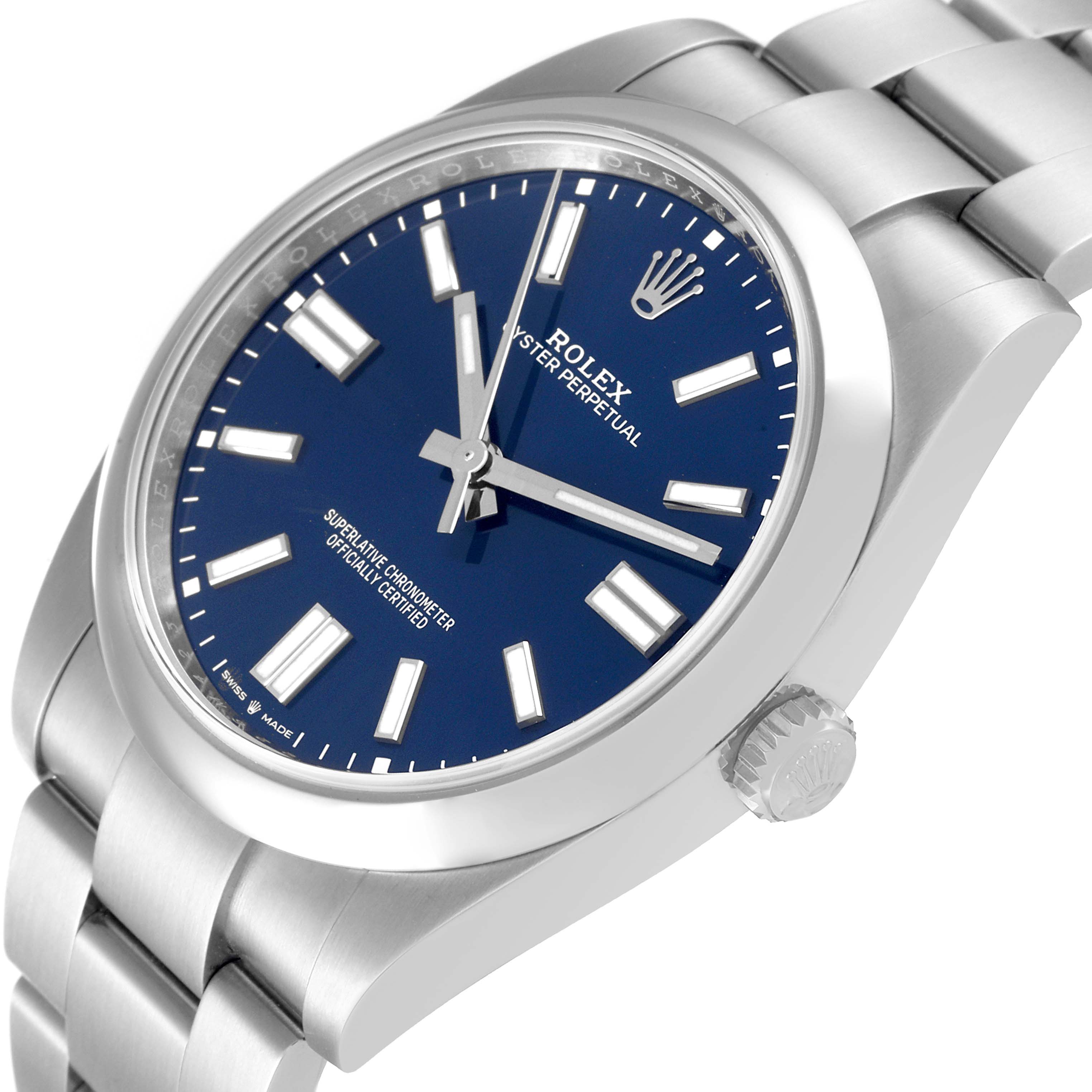 The Rolex Oyster Perpetual 124300 Men
s Stainless Steel Blue Dial 124300 Men
s Stainless Steel Blue Dial watch is shown at an angle displaying its face, bezel, crown, and part of the bracelet.