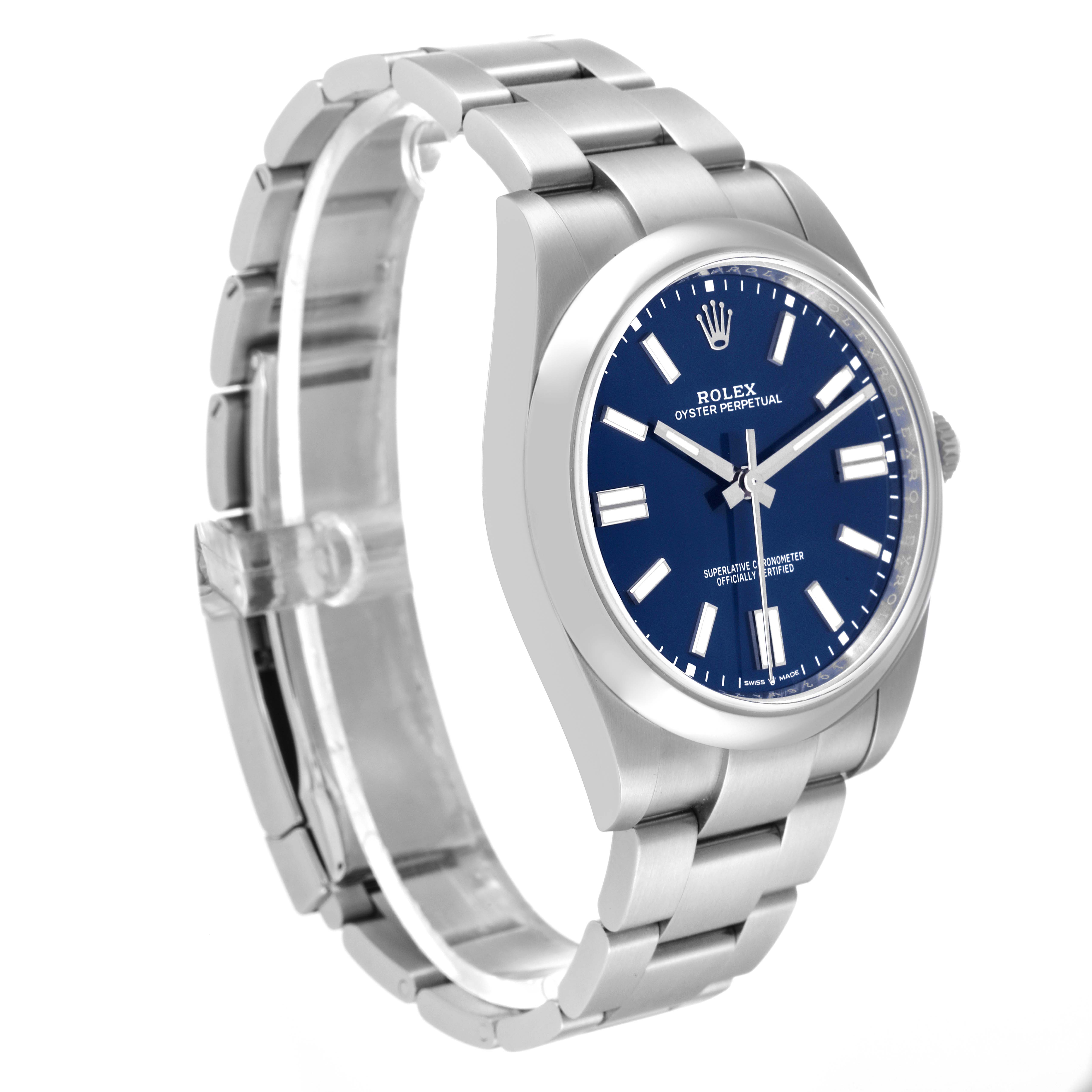 The image shows a Rolex Oyster Perpetual 124300 Men
s Stainless Steel Blue Dial 124300 Men
s Stainless Steel Blue Dial watch at a three-quarter angle, highlighting the face, bezel, and bracelet.