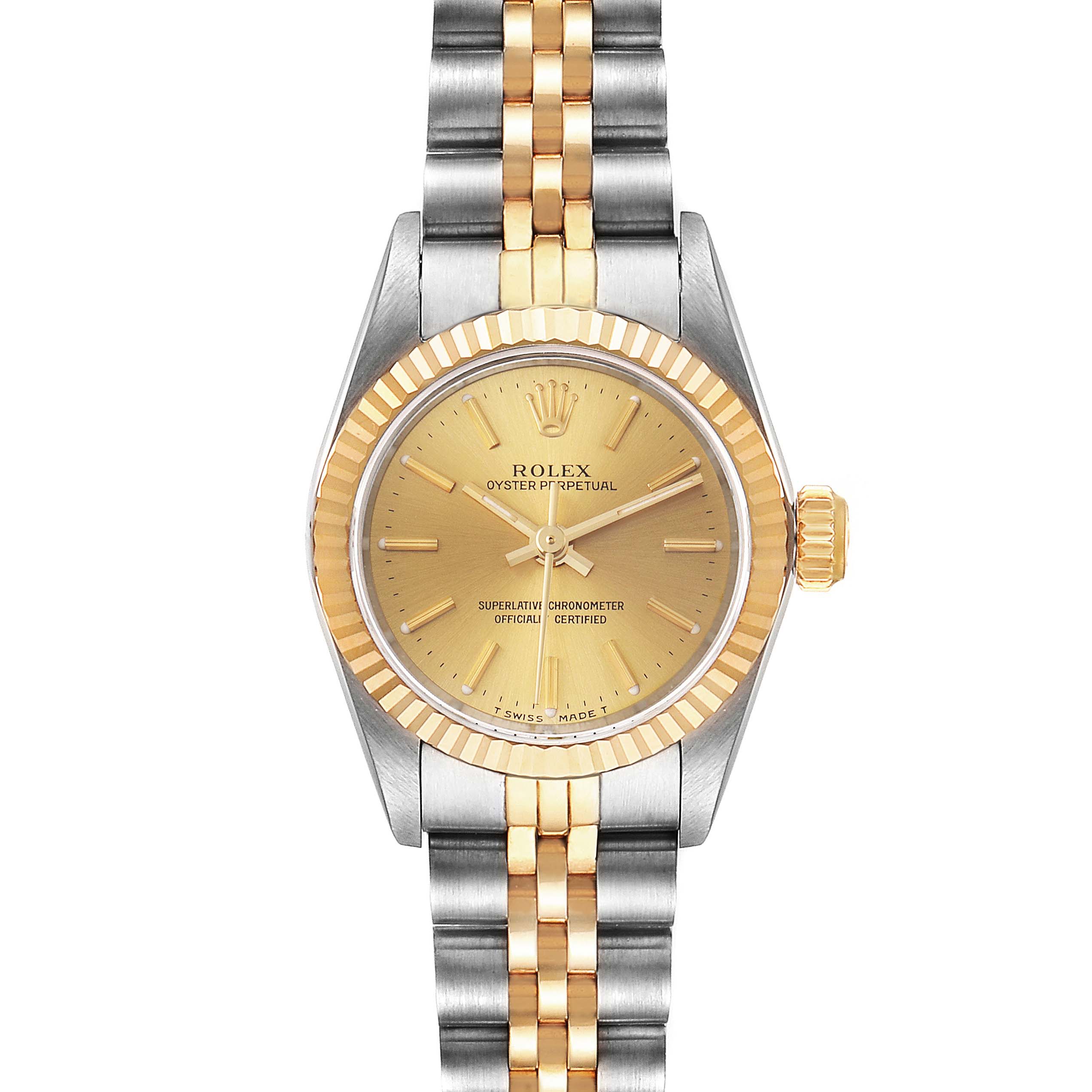 This is a front view of a Rolex Oyster Perpetual 67193 Women's Steel and Gold (two tone) Champagne Dial 67193 Women's Steel and Gold (two tone) Champagne Dial watch, showing the dial, bezel, crown, and bracelet.