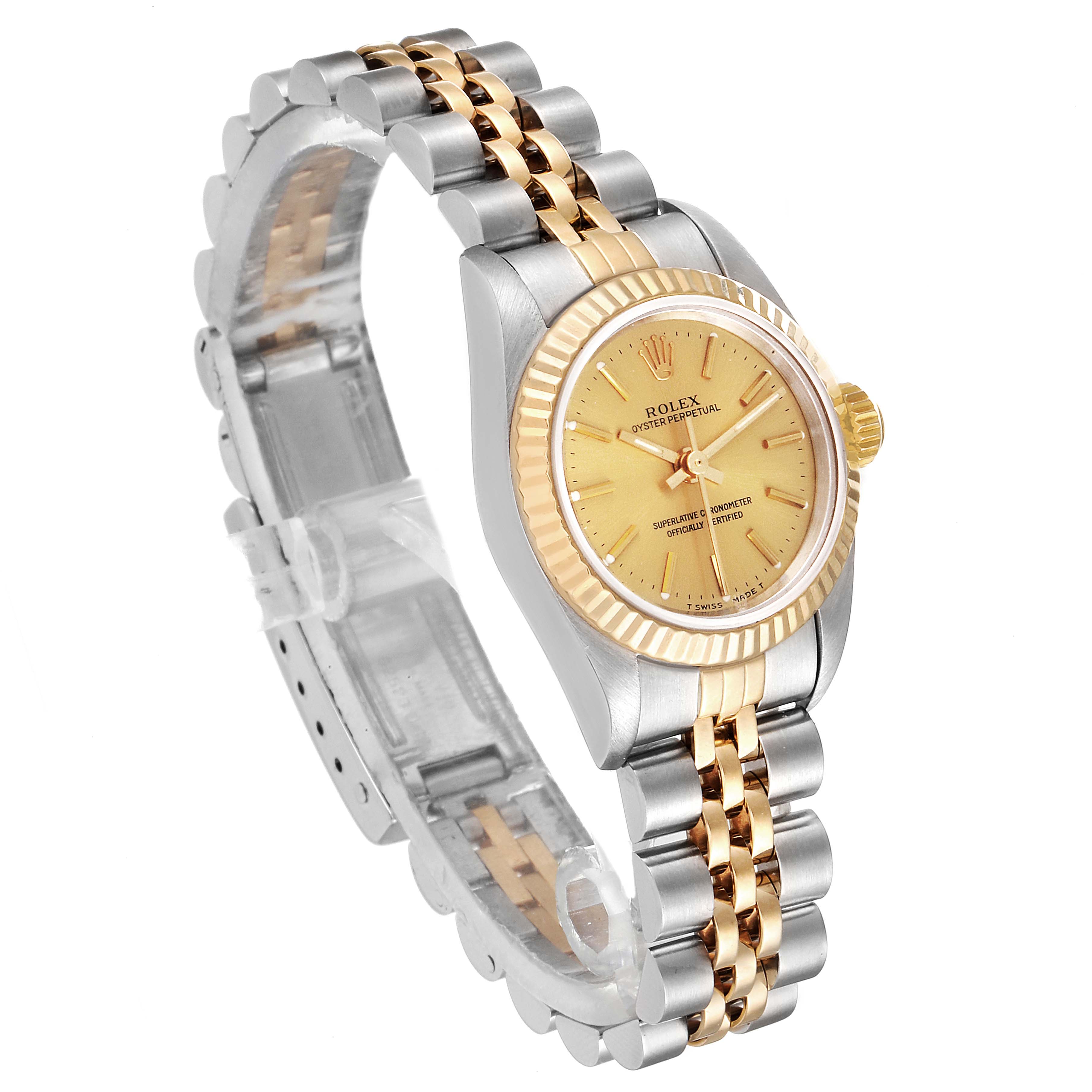 The image shows a Rolex Oyster Perpetual 67193 Women's Steel and Gold (two tone) Champagne Dial 67193 Women's Steel and Gold (two tone) Champagne Dial watch at a three-quarter angle, highlighting its gold face, bezel, and two-tone bracelet.