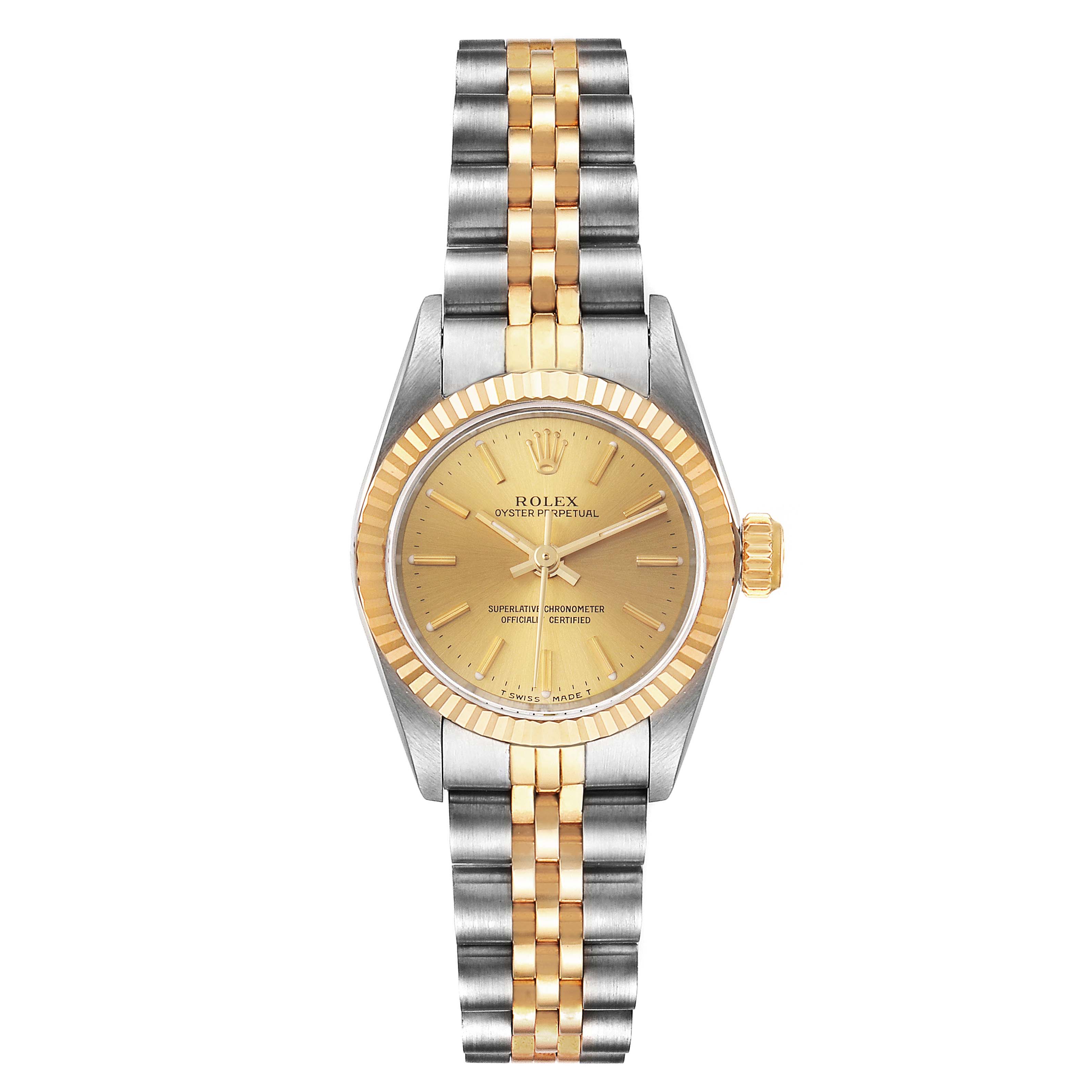 The image shows a Rolex Oyster Perpetual 67193 Women's Steel and Gold (two tone) Champagne Dial 67193 Women's Steel and Gold (two tone) Champagne Dial watch from a front angle, displaying the face, bezel, crown, and two-tone bracelet.