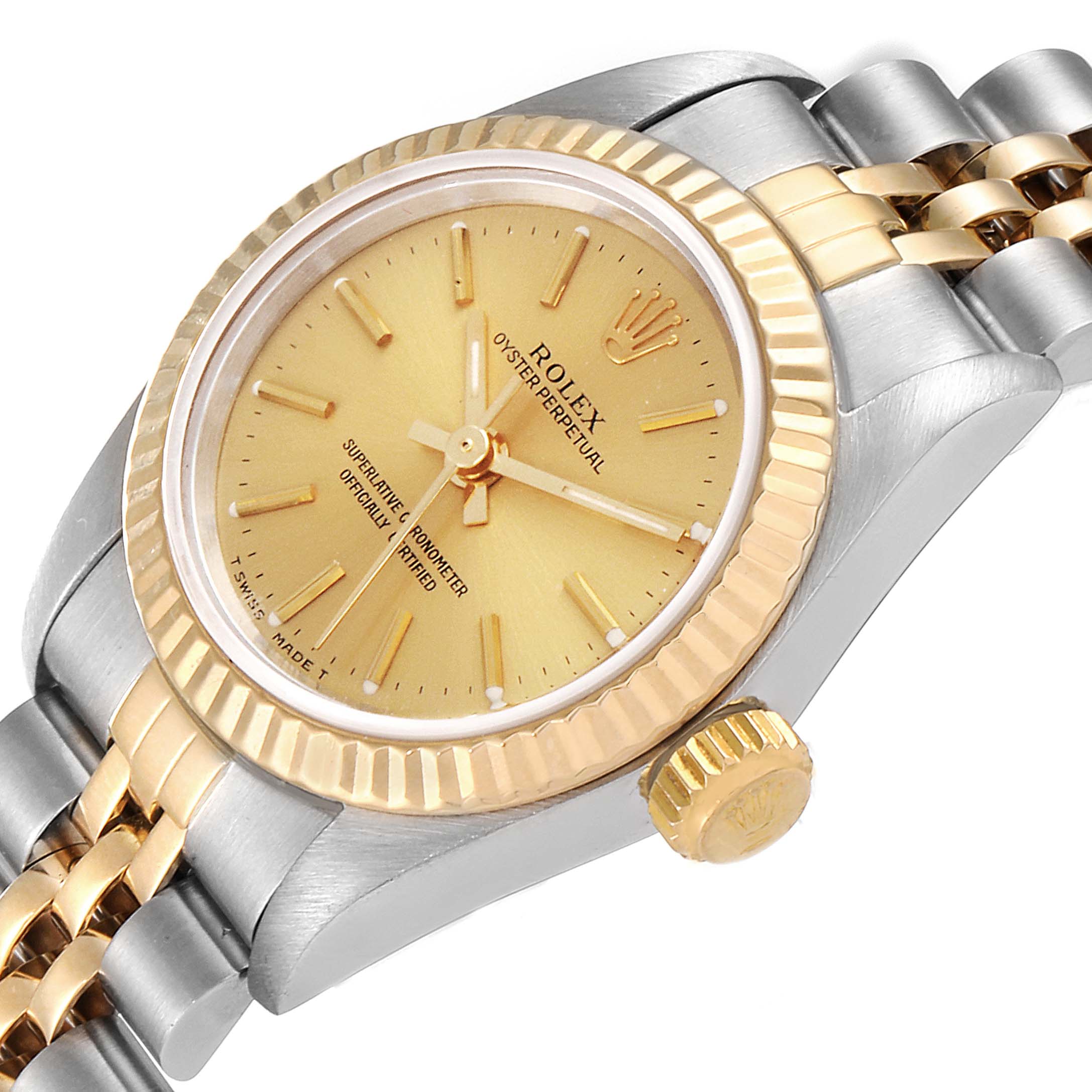 This image shows a Rolex Oyster Perpetual 67193 Women's Steel and Gold (two tone) Champagne Dial 67193 Women's Steel and Gold (two tone) Champagne Dial watch angled slightly from the front and side, displaying the dial, bezel, and bracelet.