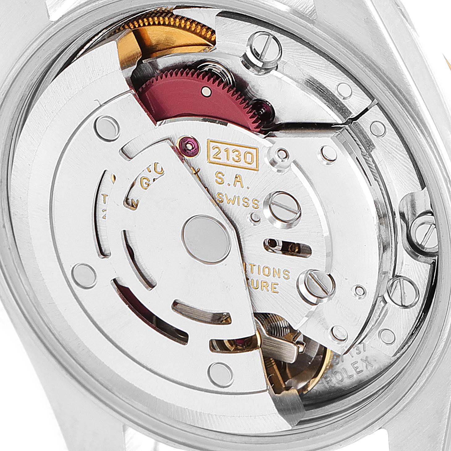 This image shows the internal mechanics, specifically the movement, of a Rolex Oyster Perpetual 67193 Women's Steel and Gold (two tone) Champagne Dial 67193 Women's Steel and Gold (two tone) Champagne Dial watch.