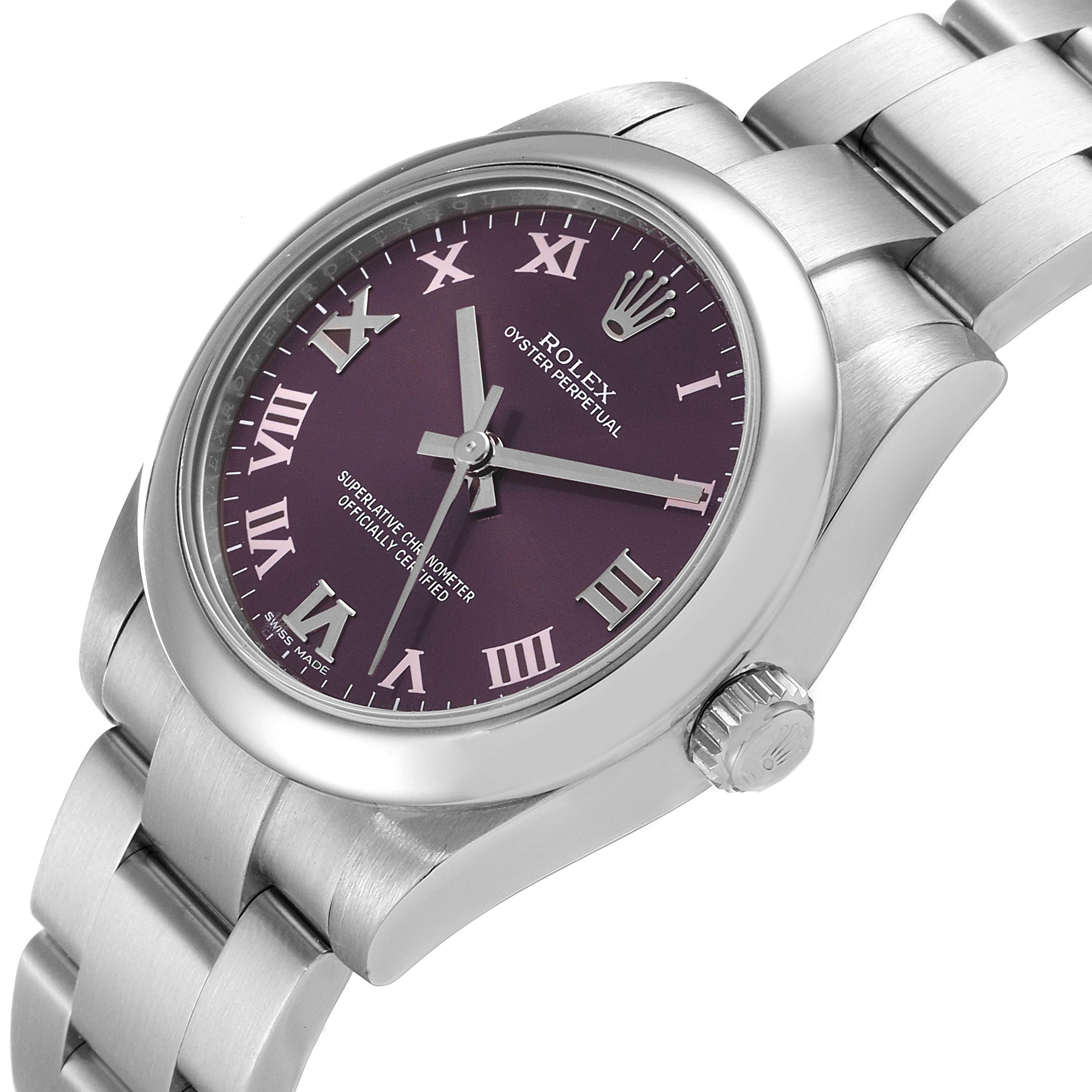 The Rolex Mid-Size 177200 Women's Stainless Steel Burgundy Dial 177200 Women's Stainless Steel Burgundy Dial model watch is shown at a slightly tilted angle, displaying the dial, bezel, crown, and part of the bracelet.