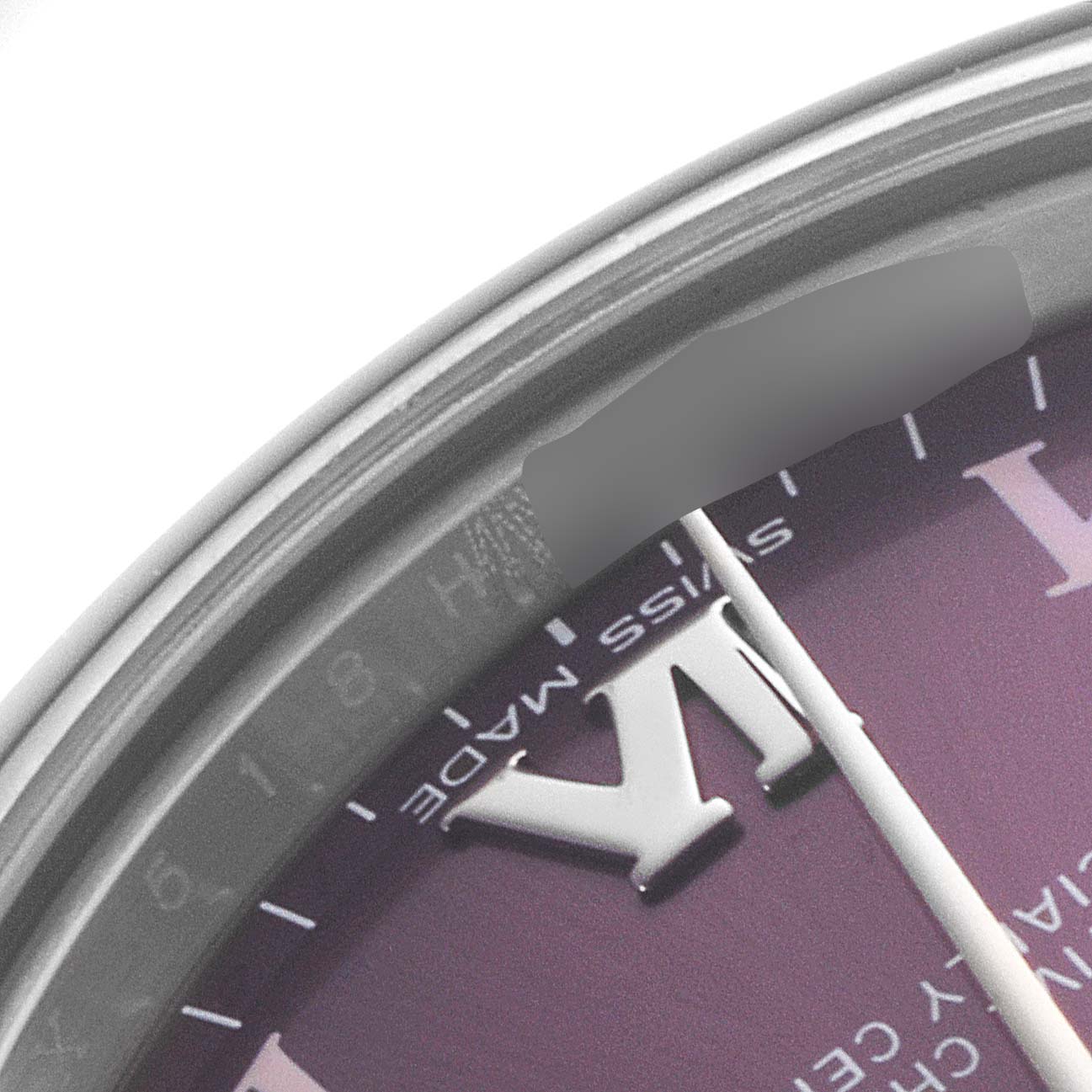 The image shows a close-up partial view of the dial, bezel, and hour markers of a Rolex Mid-Size 177200 Women's Stainless Steel Burgundy Dial 177200 Women's Stainless Steel Burgundy Dial watch.