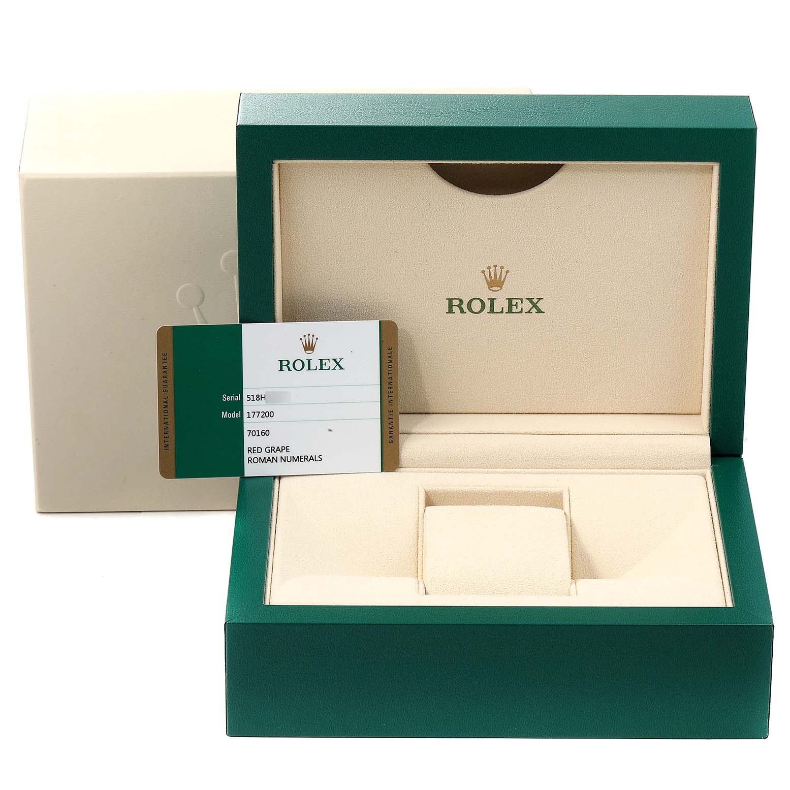 The image shows a Rolex Mid-Size 177200 Women's Stainless Steel Burgundy Dial 177200 Women's Stainless Steel Burgundy Dial model's empty box and warranty card, taken from a front-facing angle.