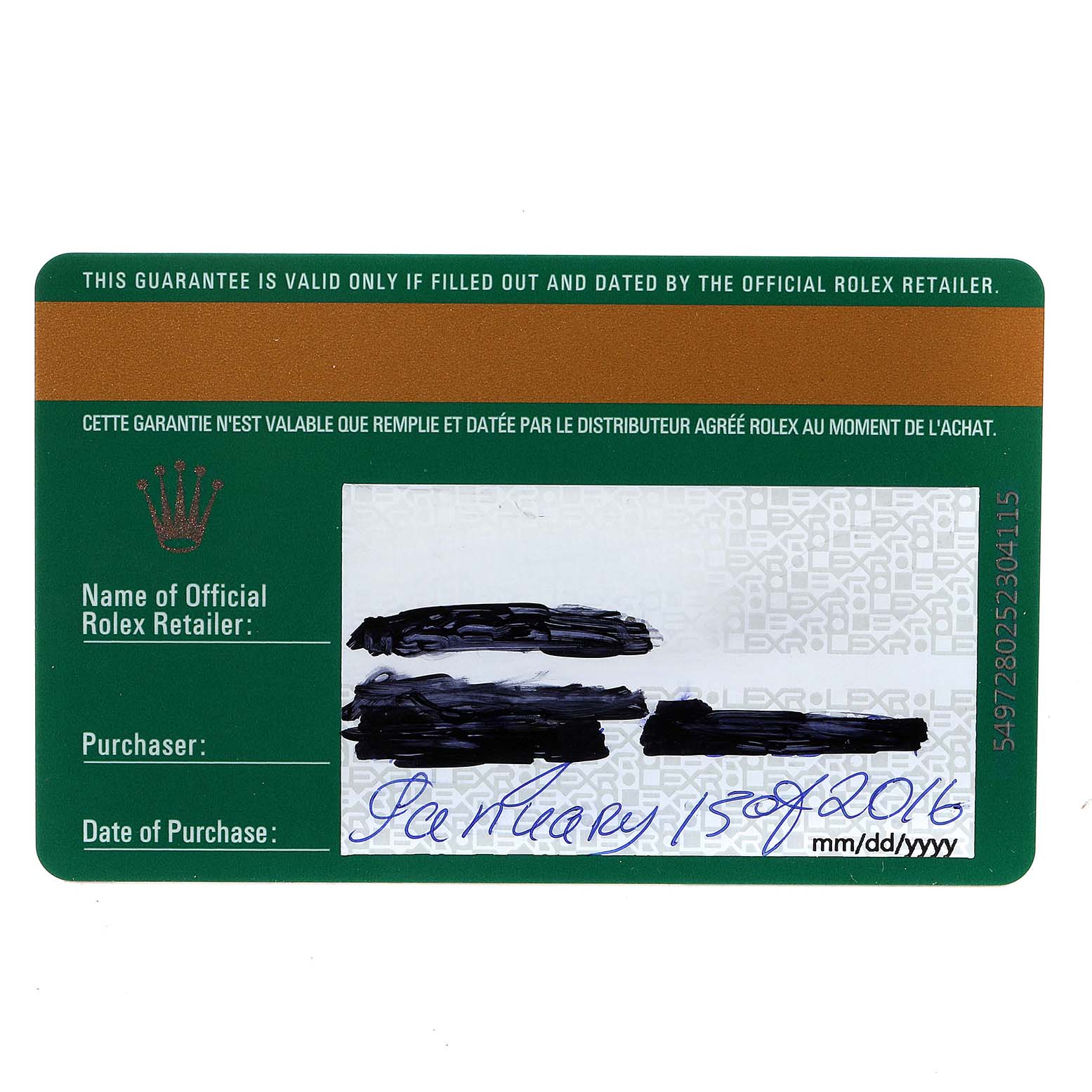 This image shows a guarantee card for a Mid-Size Rolex watch, including details of the retailer, purchaser, and date of purchase.
