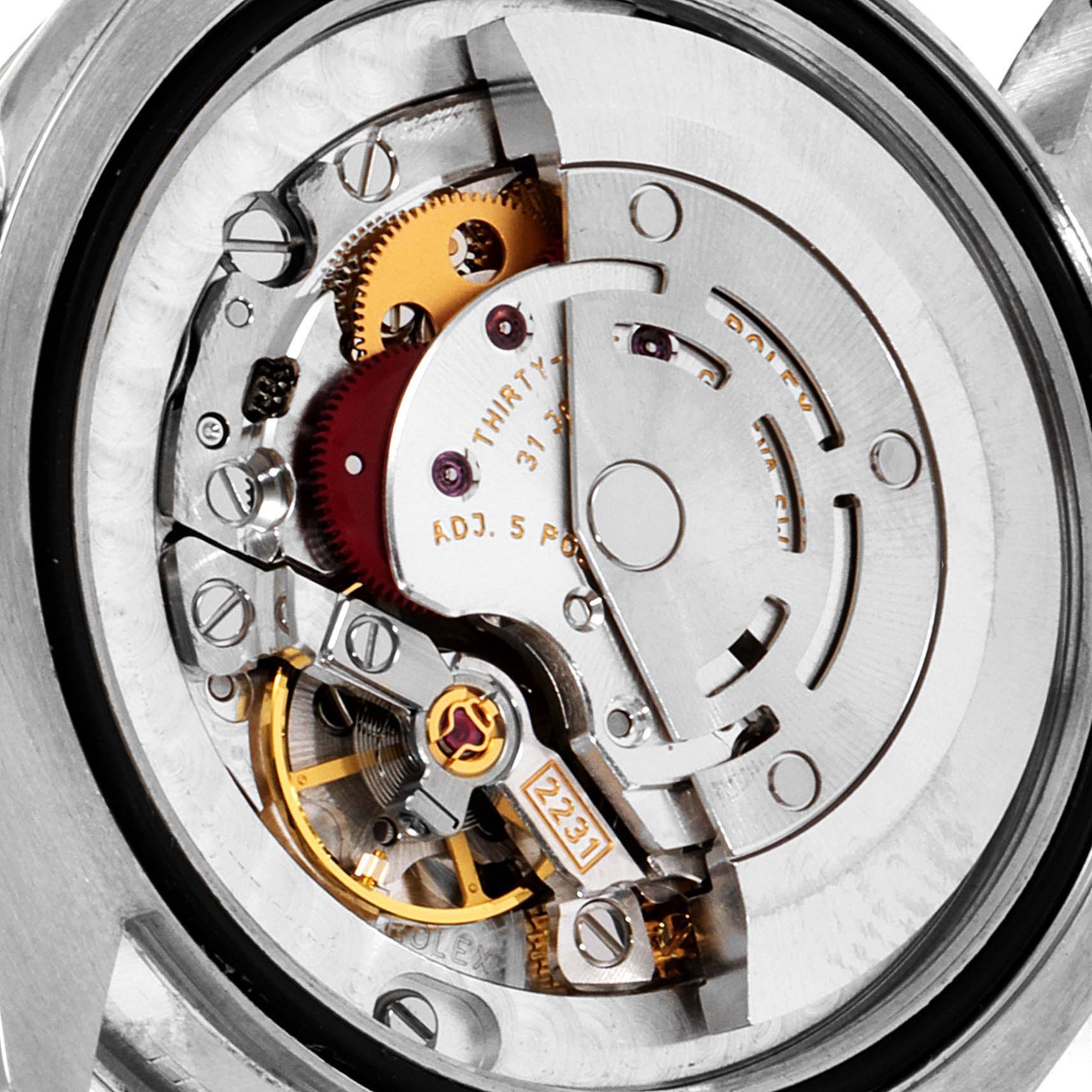 This image shows the inner mechanical components of a Rolex Mid-Size 177200 Women's Stainless Steel Burgundy Dial 177200 Women's Stainless Steel Burgundy Dial model watch, viewed from the back.