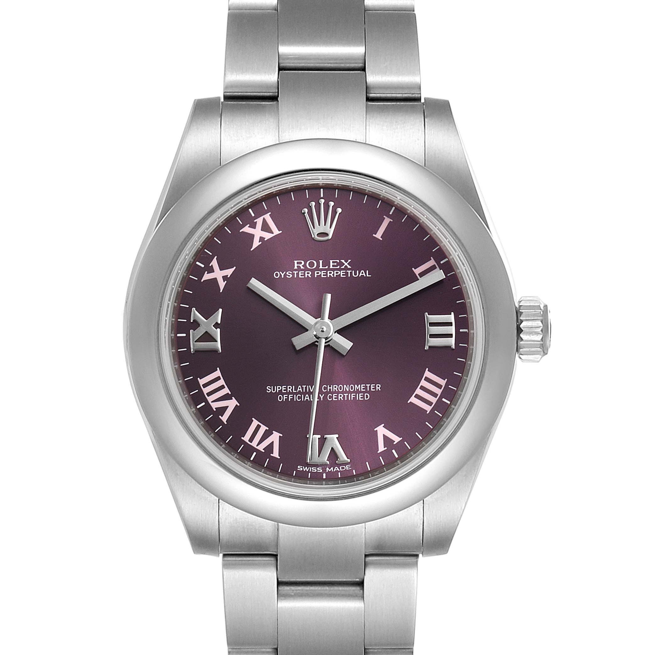 This image shows a front view of a Rolex Oyster Perpetual Mid-Size watch with a purple dial and Roman numeral markers.