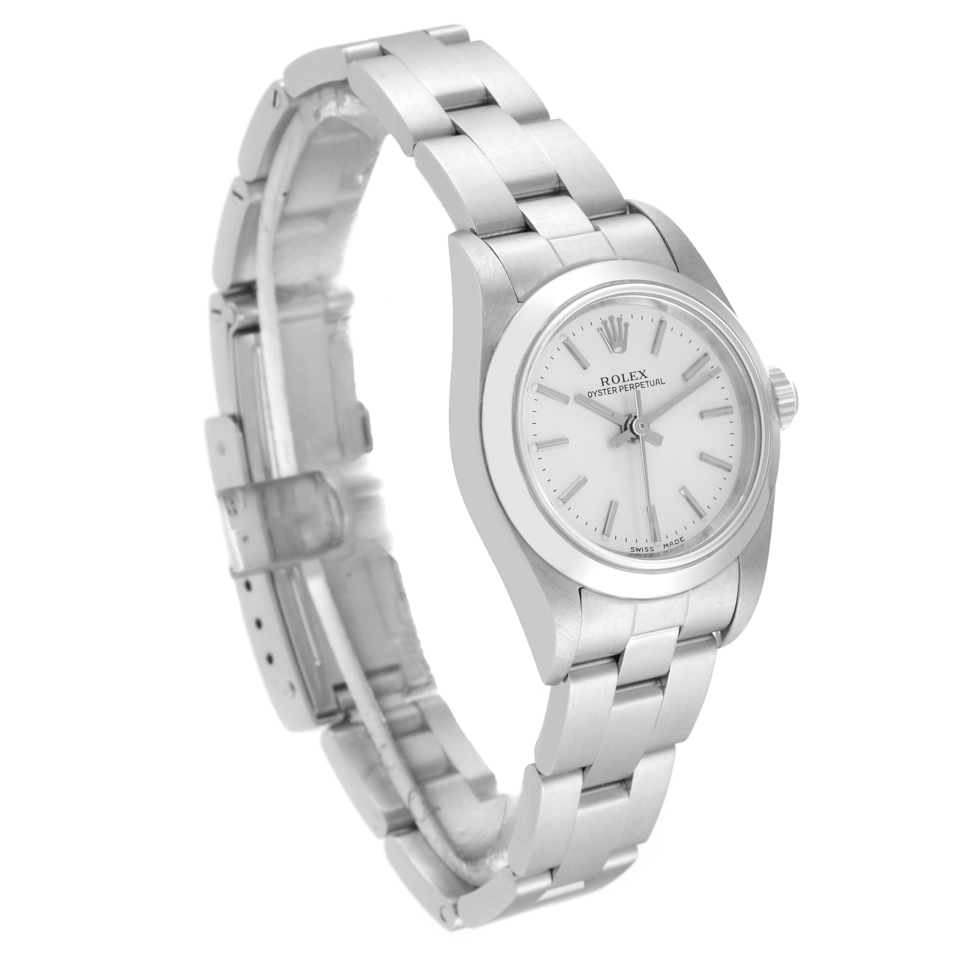 The image shows a Rolex Oyster Perpetual 76080 Women's Stainless Steel Silver Dial 76080 Women's Stainless Steel Silver Dial watch at a three-quarter angle, highlighting the face, bezel, bracelet, and clasp.
