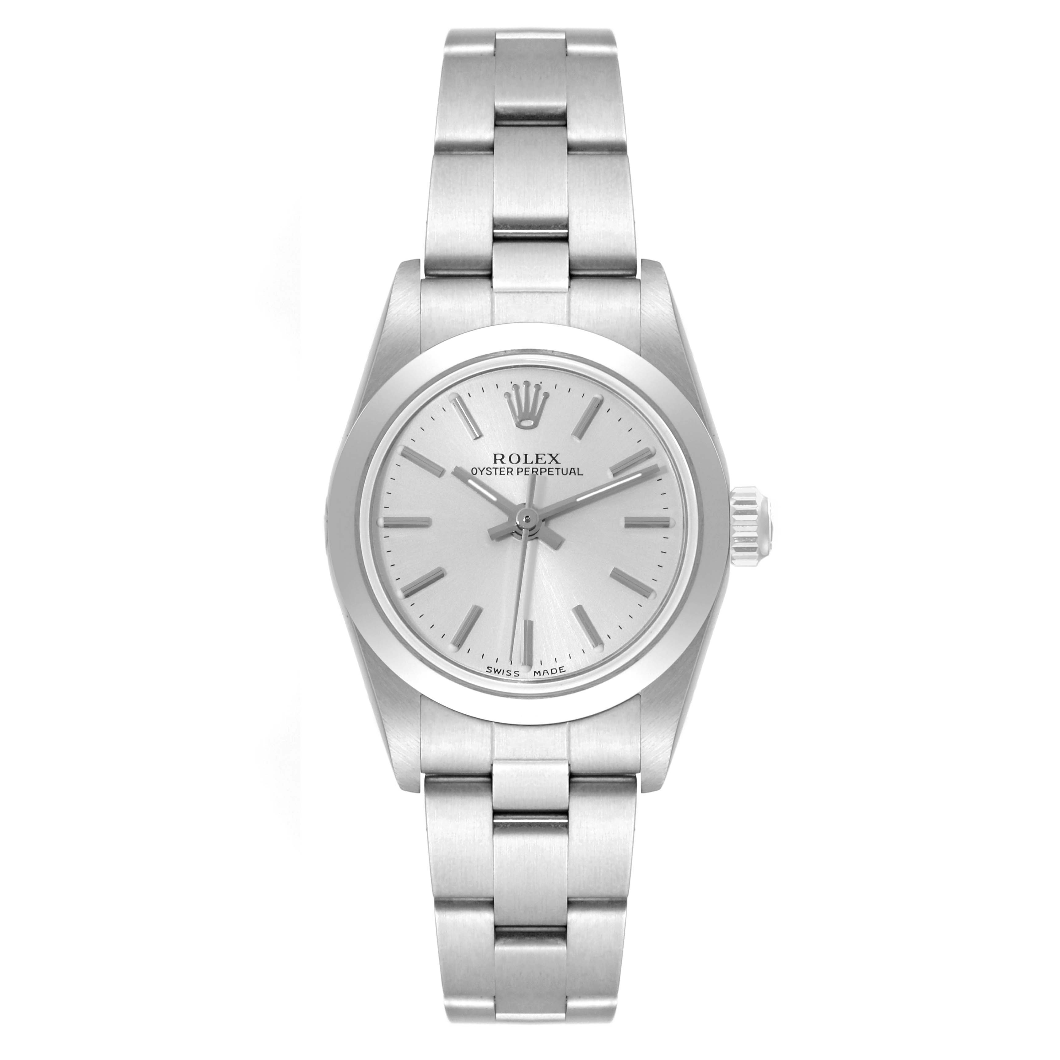 The image shows a front view of a Rolex Oyster Perpetual 76080 Women's Stainless Steel Silver Dial 76080 Women's Stainless Steel Silver Dial watch, displaying the face, bezel, crown, and bracelet.