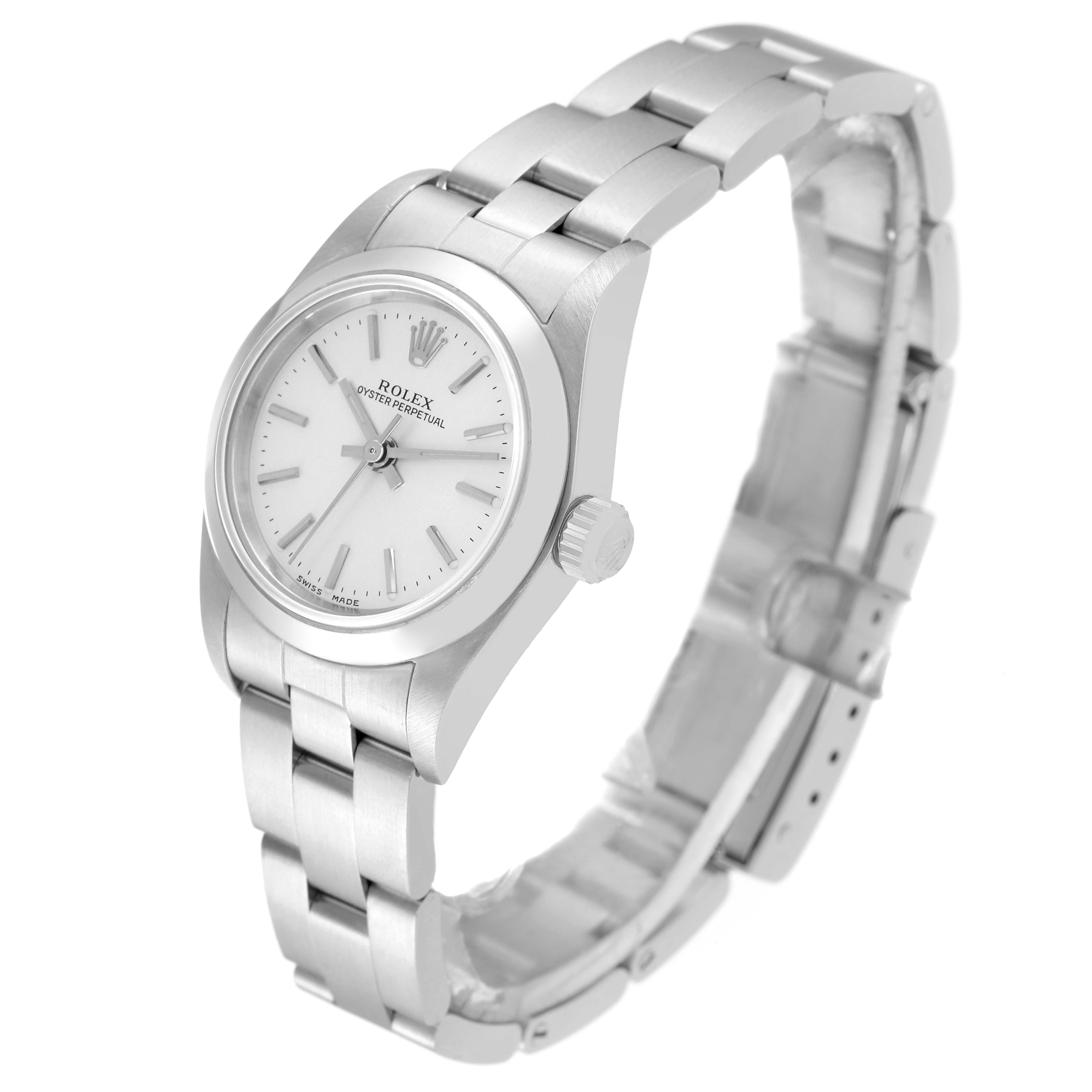 The Rolex Oyster Perpetual 76080 Women's Stainless Steel Silver Dial 76080 Women's Stainless Steel Silver Dial watch is shown at a three-quarter angle highlighting the face, crown, and a portion of the metal bracelet.