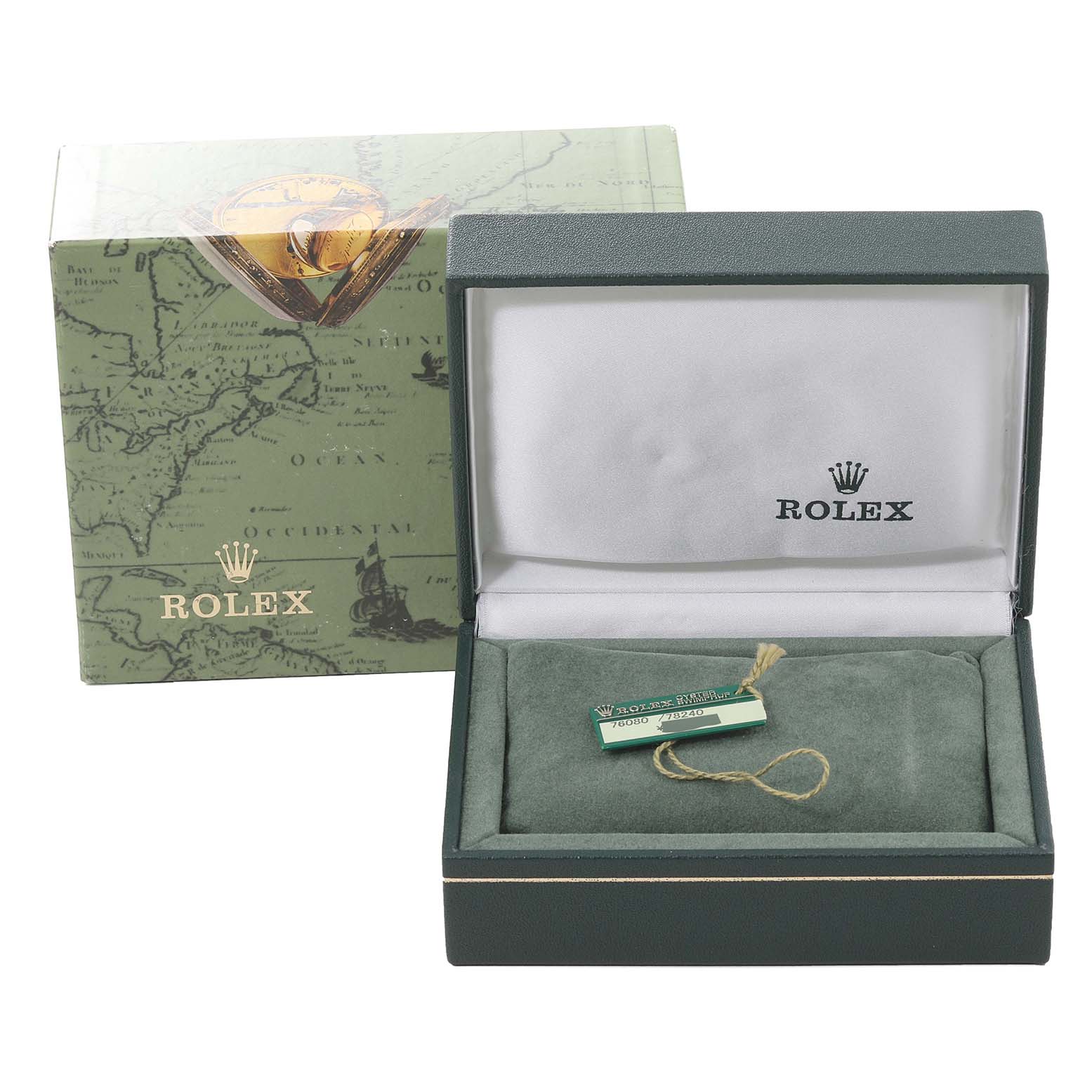 This image shows a Rolex Oyster Perpetual 76080 Women's Stainless Steel Silver Dial 76080 Women's Stainless Steel Silver Dial watch box and tag, photographed from the front at eye level.