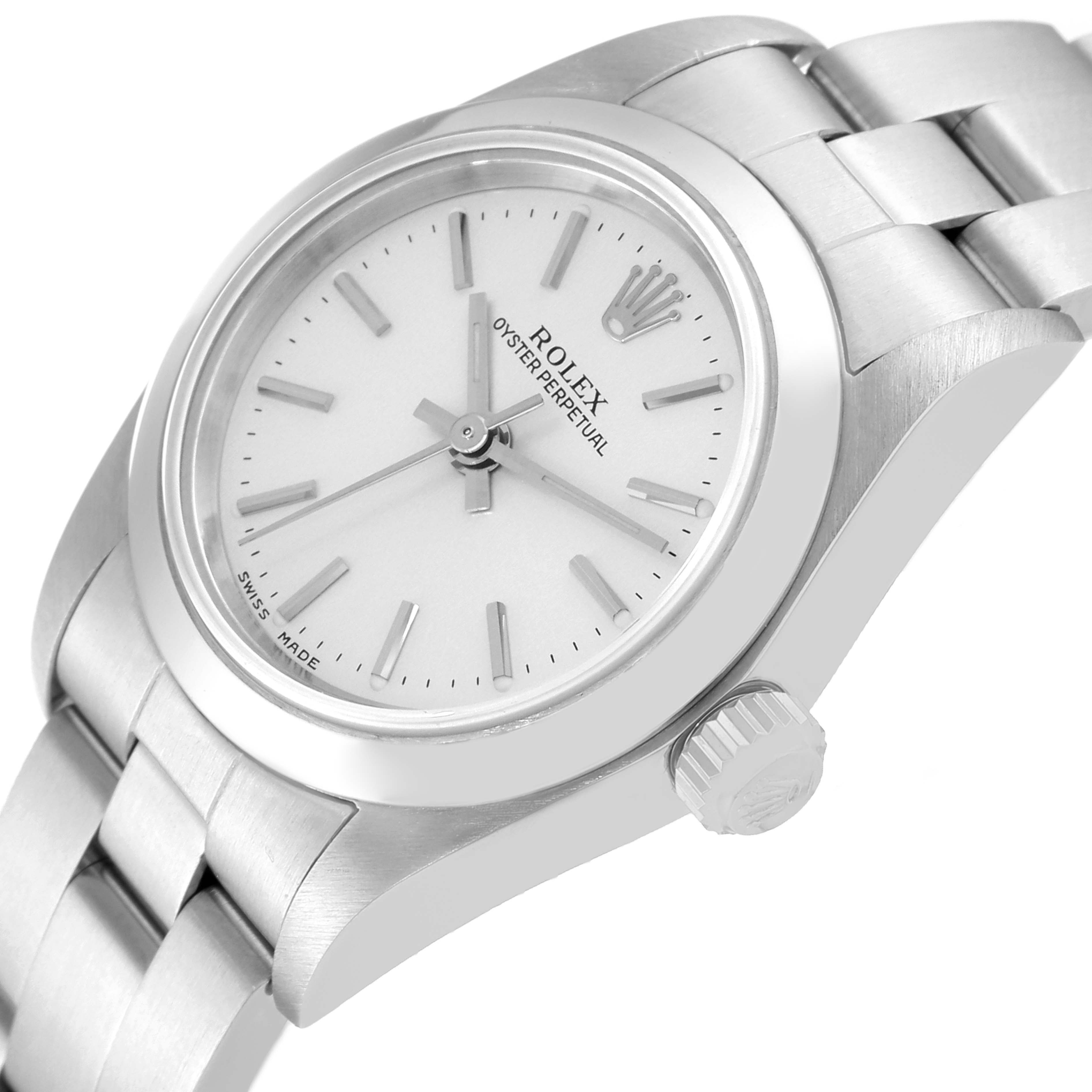 The image shows a side and partial frontal angle of a Rolex Oyster Perpetual 76080 Women's Stainless Steel Silver Dial 76080 Women's Stainless Steel Silver Dial watch, highlighting the dial, case, crown, and bracelet.
