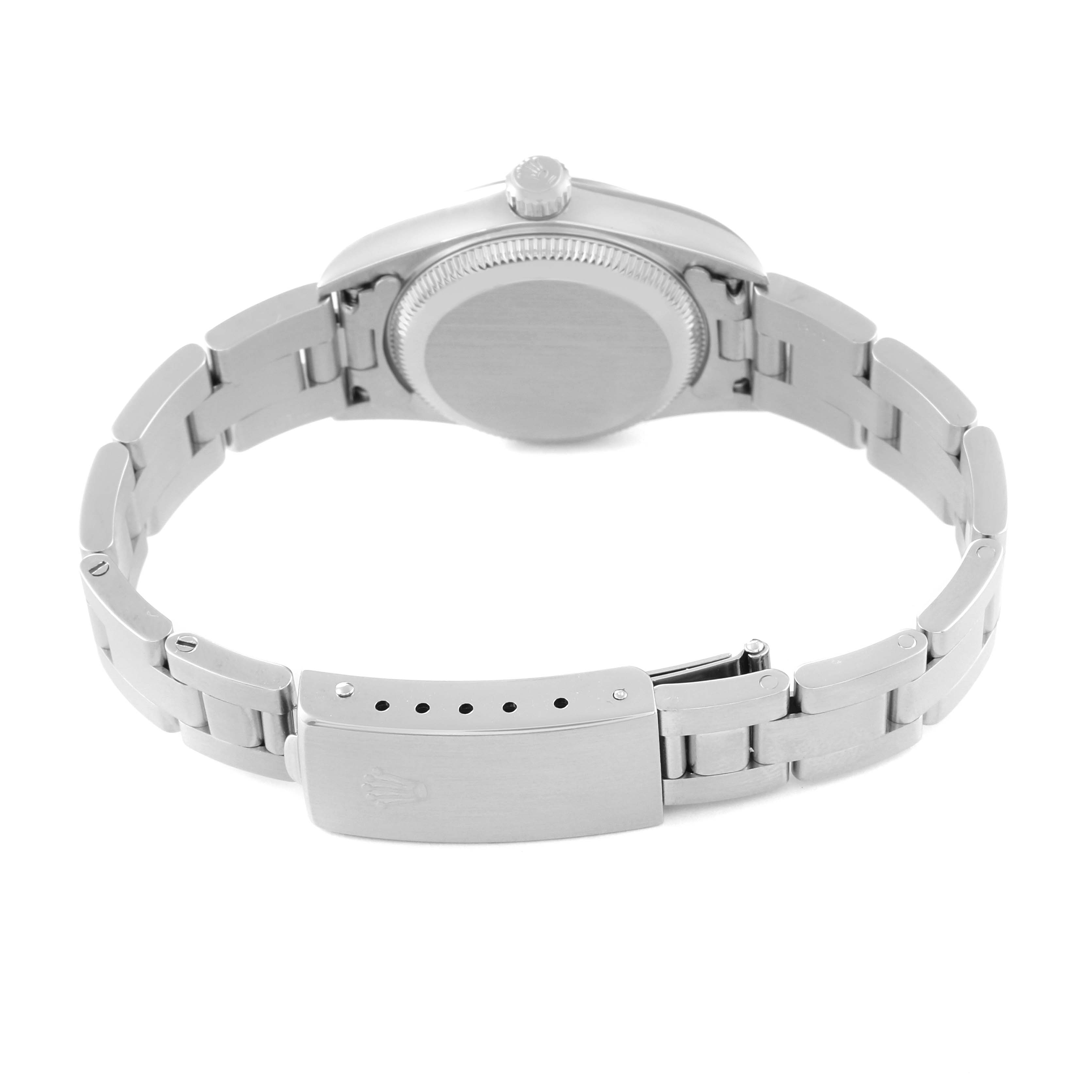 The image shows the back view, bracelet, and clasp of a Rolex Oyster Perpetual 76080 Women's Stainless Steel Silver Dial 76080 Women's Stainless Steel Silver Dial watch.