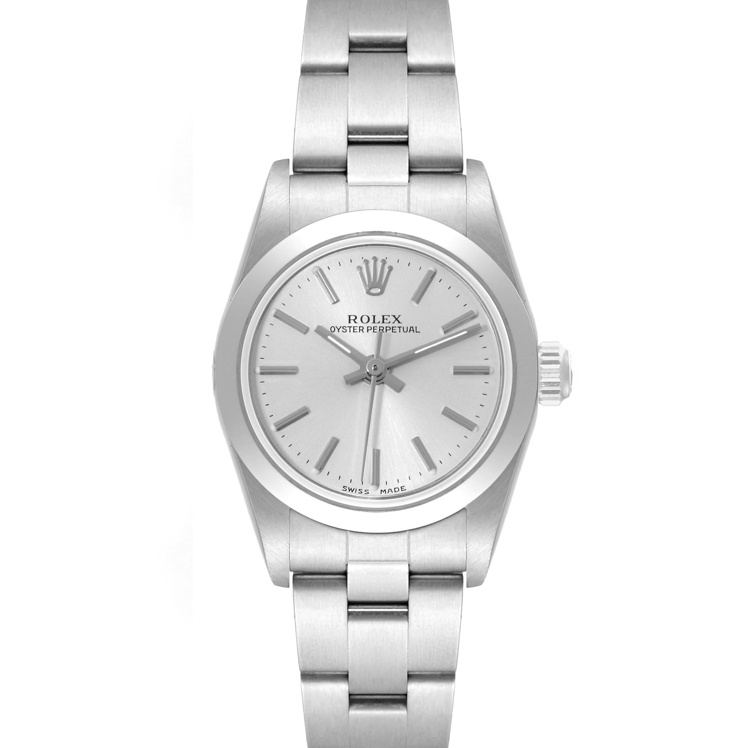 The Rolex Oyster Perpetual 76080 Women's Stainless Steel Silver Dial 76080 Women's Stainless Steel Silver Dial watch is shown from a front angle, highlighting the dial and bracelet.