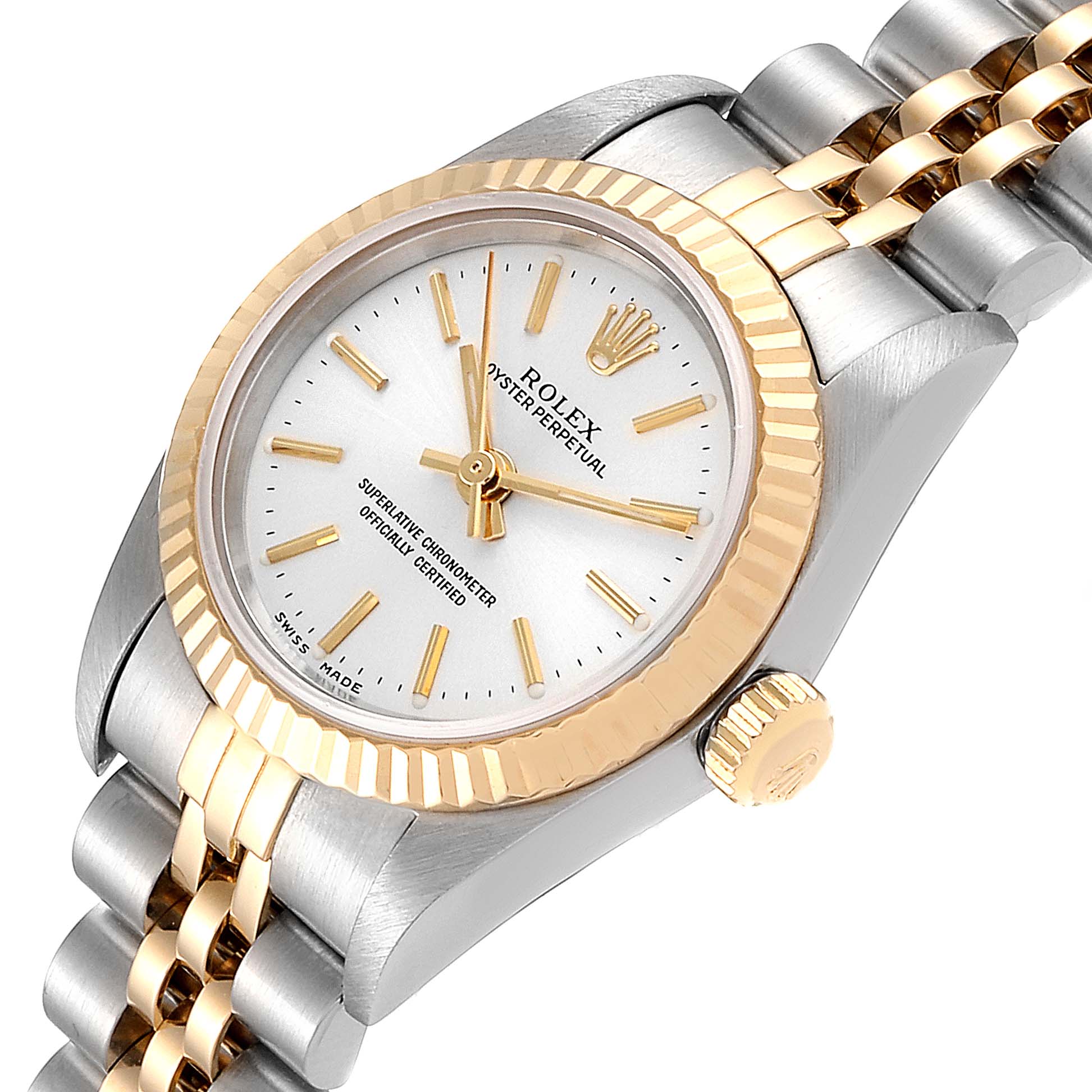 The image shows a Rolex Oyster Perpetual 76193 Women's Steel and Gold (two tone) Silver Dial 76193 Women's Steel and Gold (two tone) Silver Dial watch at an angled close-up, highlighting the dial, bezel, crown, and part of the bracelet.