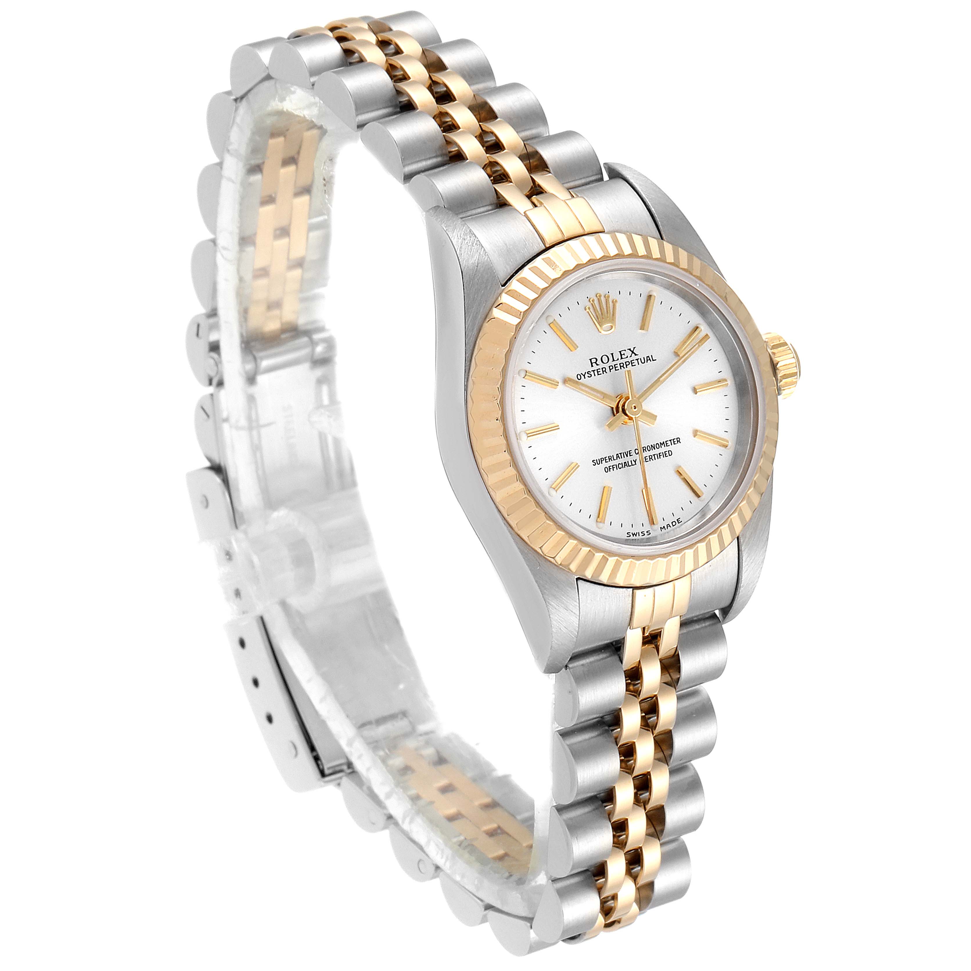 This image shows a Rolex Oyster Perpetual 76193 Women's Steel and Gold (two tone) Silver Dial 76193 Women's Steel and Gold (two tone) Silver Dial watch at a three-quarter angle, highlighting its gold and silver bracelet, bezel, and dial.