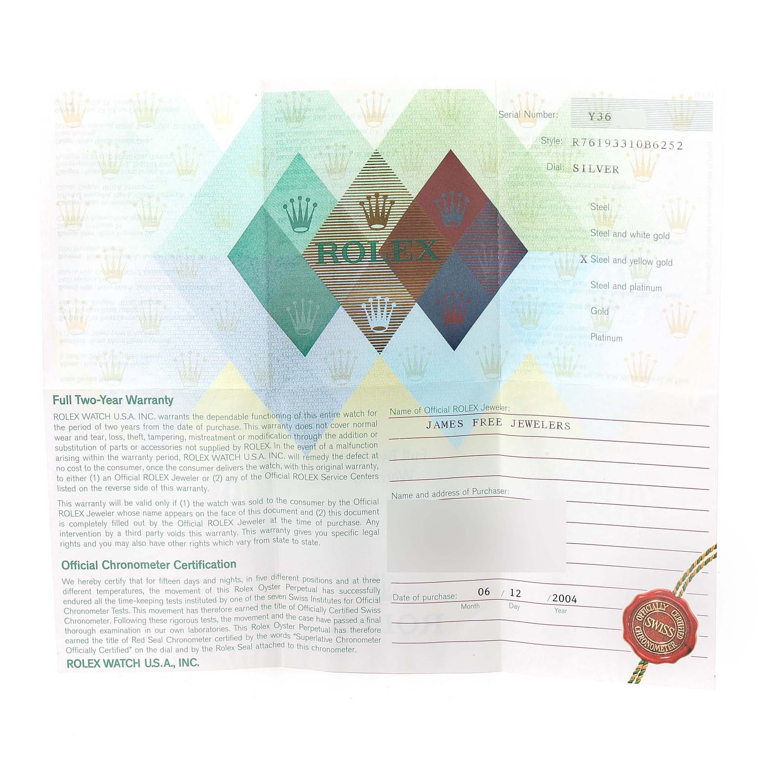 The document shows a warranty and certification for a Rolex Oyster Perpetual 76193 Women's Steel and Gold (two tone) Silver Dial 76193 Women's Steel and Gold (two tone) Silver Dial watch model, including its serial number and date of purchase.