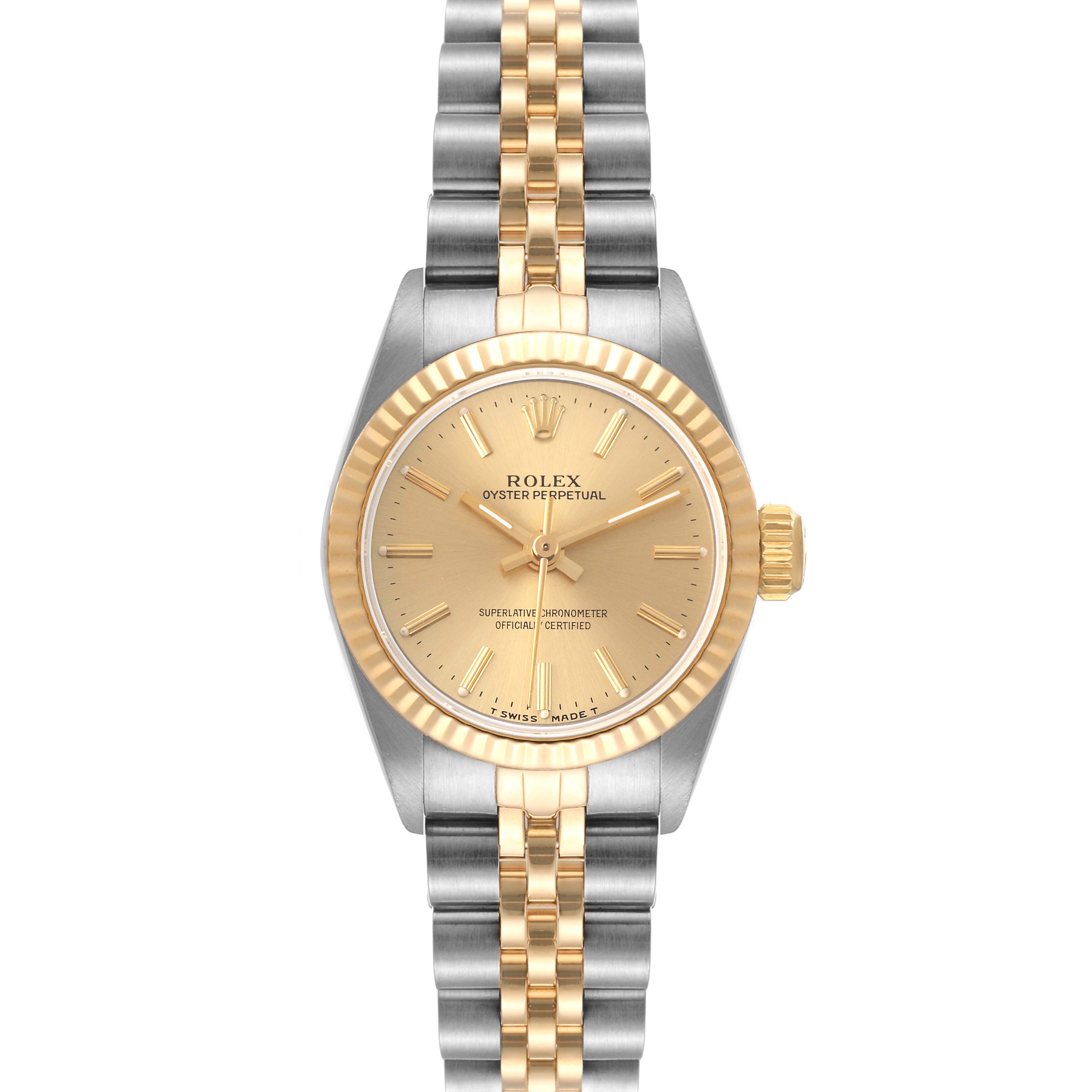The Rolex Oyster Perpetual 67193 Women's Steel and Gold (two tone) Champagne Dial 67193 Women's Steel and Gold (two tone) Champagne Dial watch is shown in a front angle, displaying the dial, hands, bezel, and bracelet.