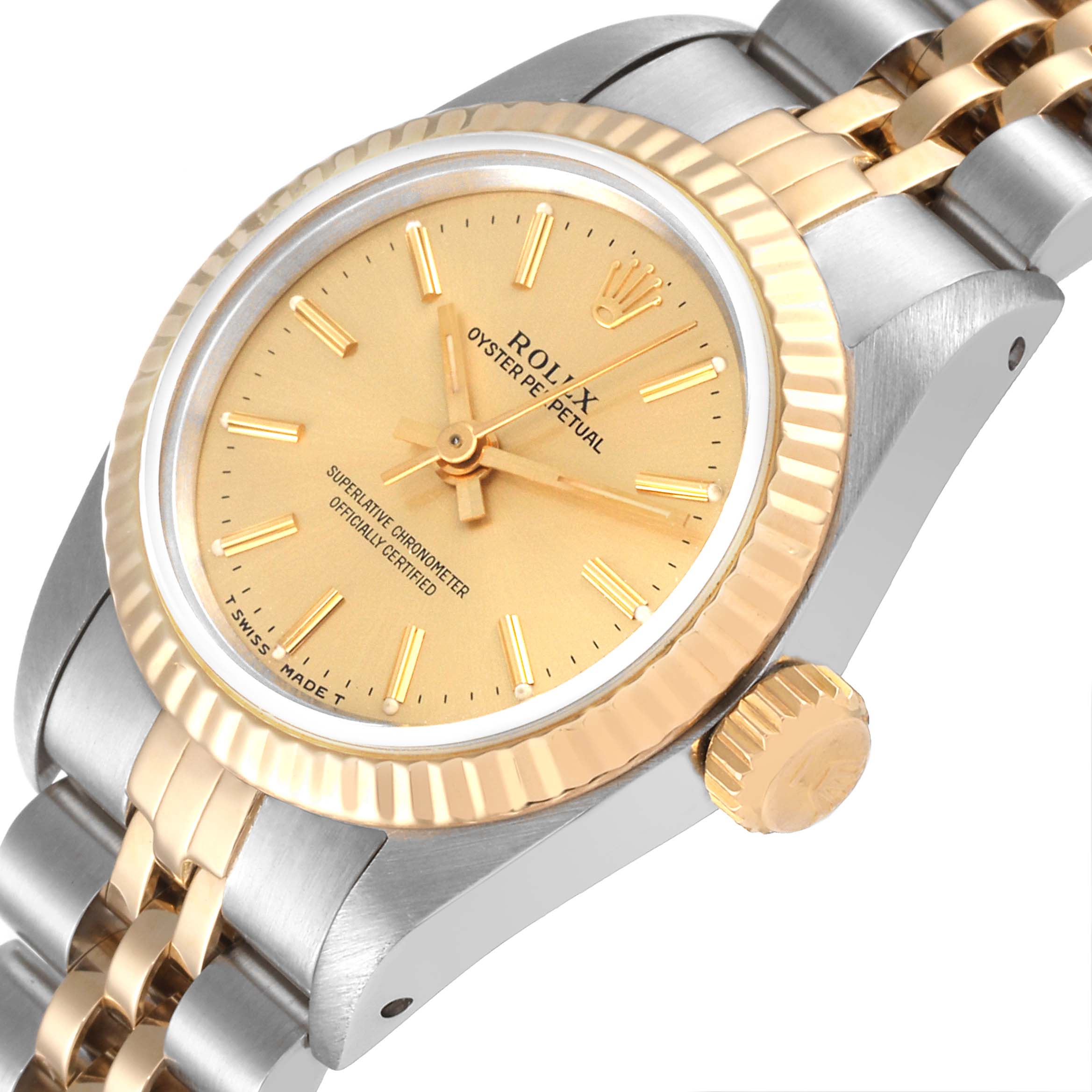 The image shows a close-up angled view of the Rolex Oyster Perpetual 67193 Women's Steel and Gold (two tone) Champagne Dial 67193 Women's Steel and Gold (two tone) Champagne Dial watch, highlighting the dial, bezel, crown, and part of the bracelet.