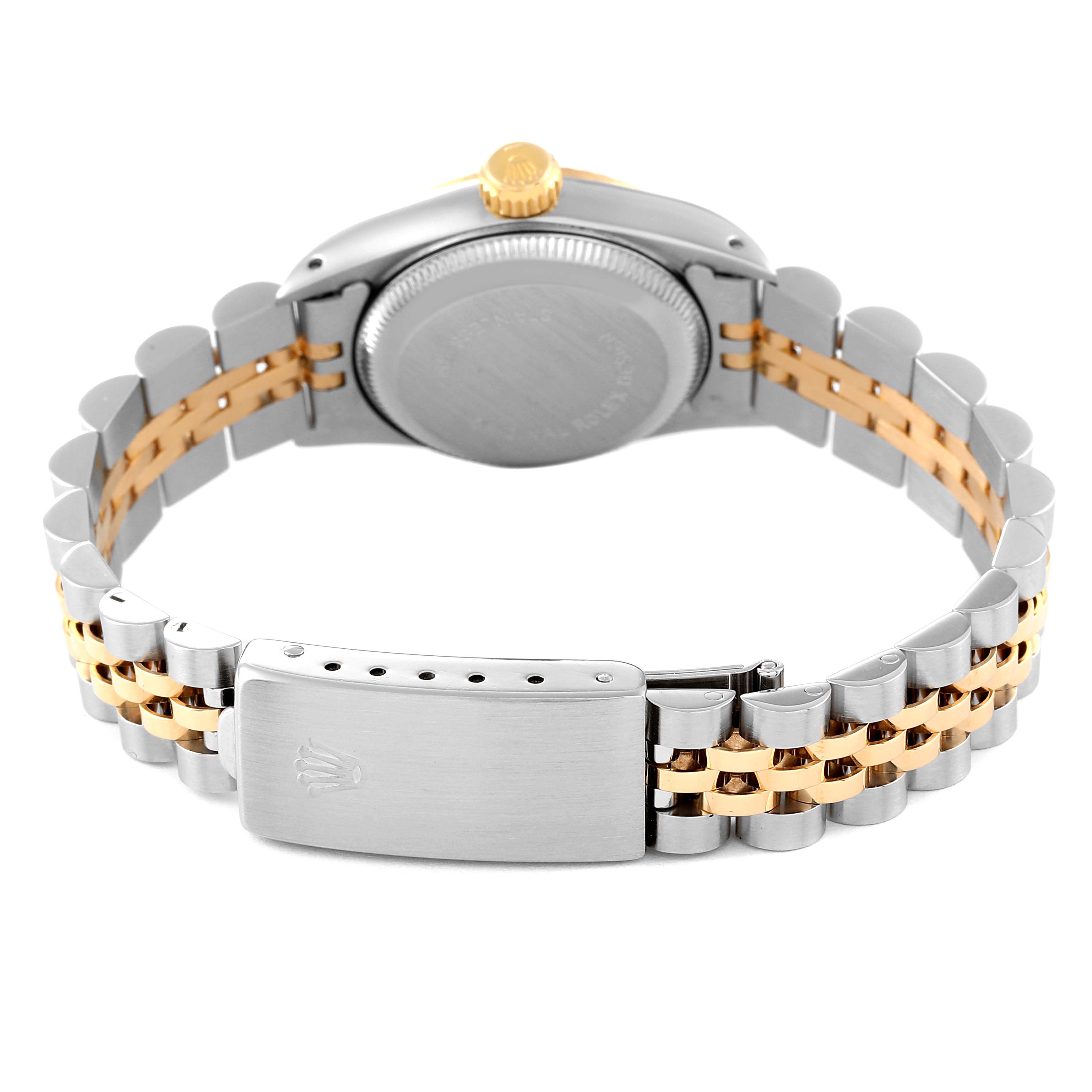 The image shows the back angle of the Rolex Oyster Perpetual 67193 Women's Steel and Gold (two tone) Champagne Dial 67193 Women's Steel and Gold (two tone) Champagne Dial watch, highlighting its case back, crown, and two-tone Jubilee bracelet.