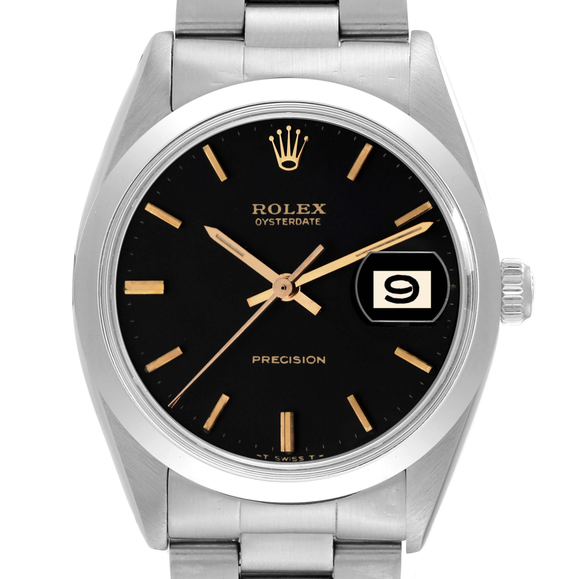 The image shows a front view of the Rolex Oysterdate Precision Vintage Collection watch, highlighting the black dial and date window.