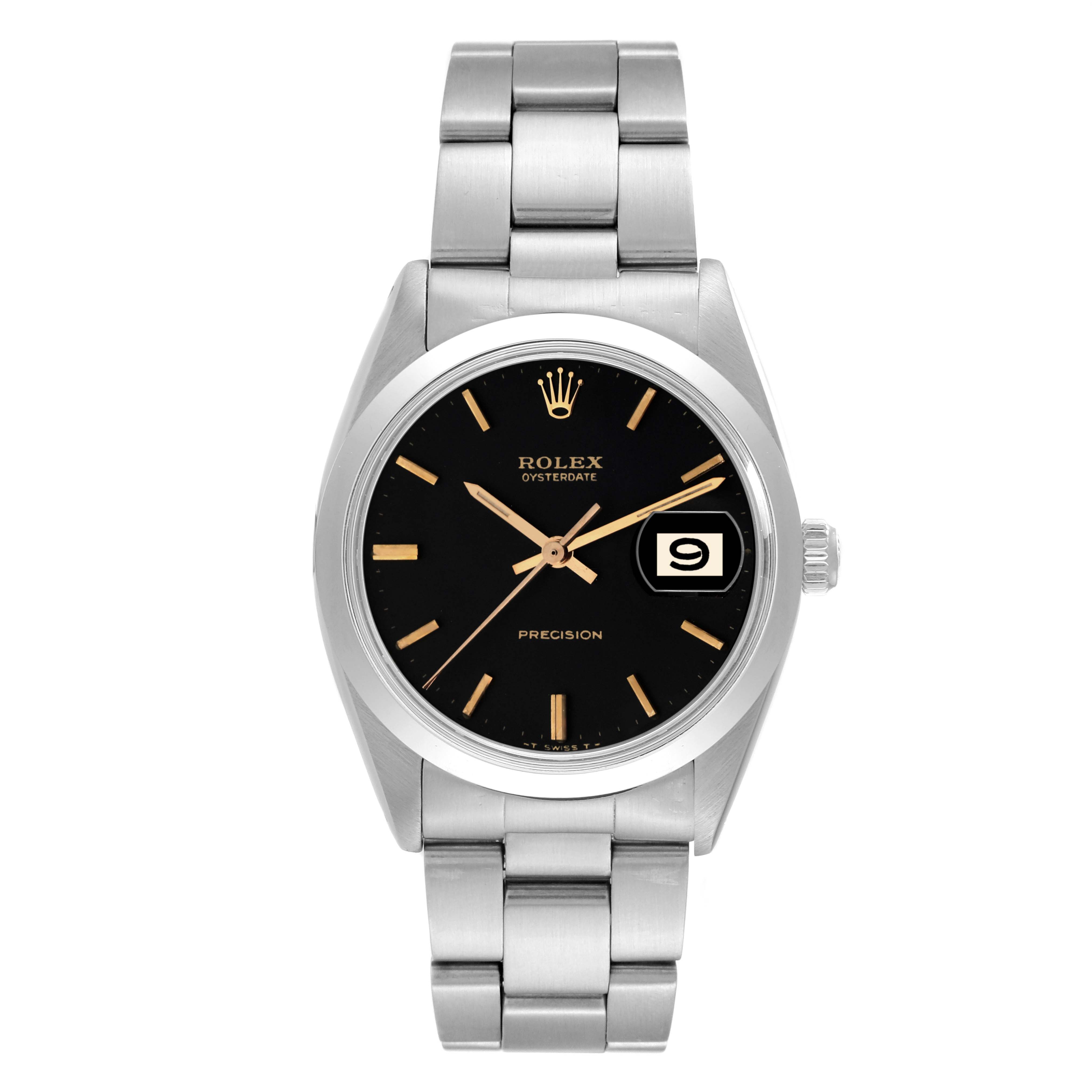 The image shows a full frontal view of a Rolex Vintage Collection 6694 Men's Stainless Steel Black Dial 6694 Men's Stainless Steel Black Dial watch, highlighting its black dial, date display, and metal bracelet.