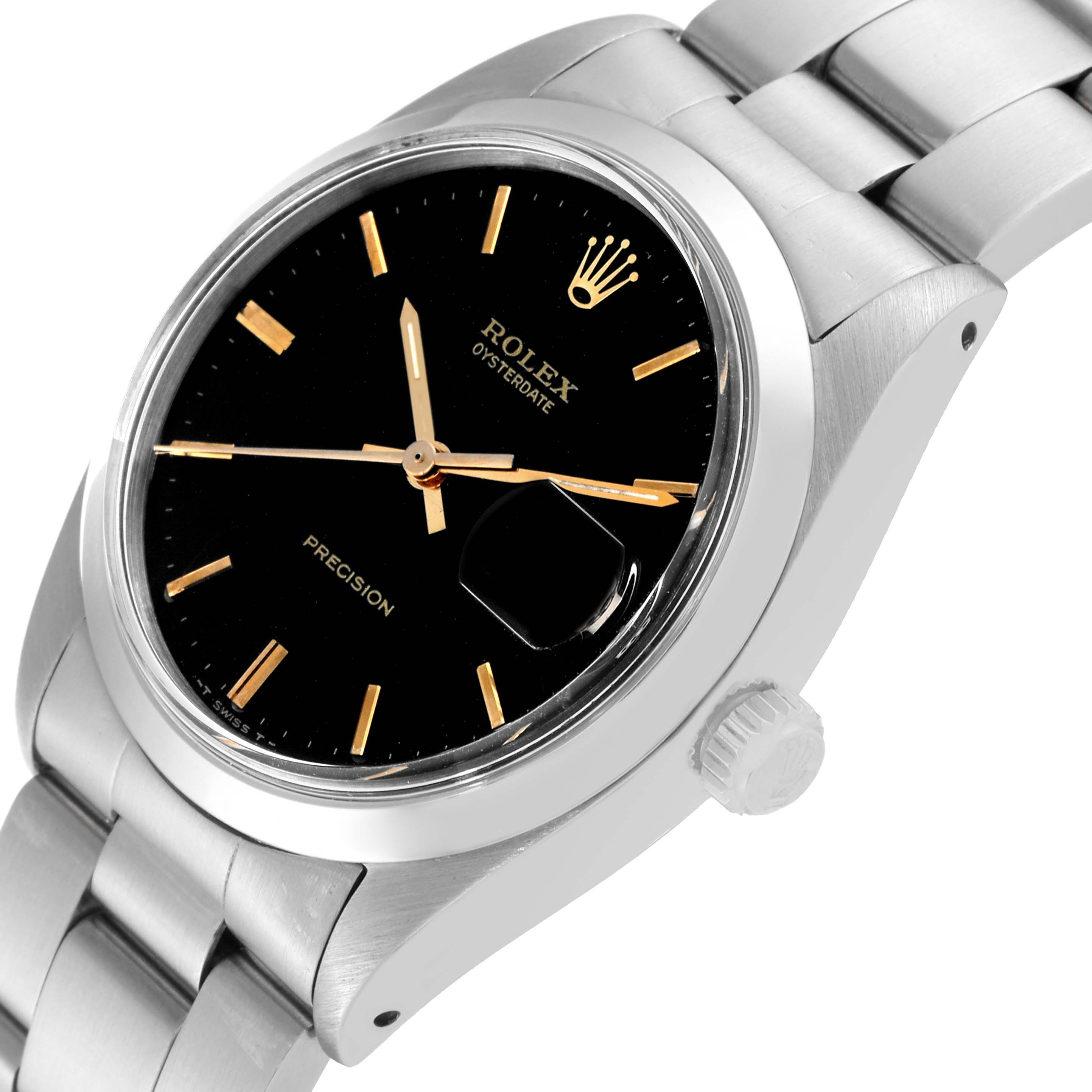 The image shows the face and part of the bracelet of the Rolex Vintage Collection 6694 Men's Stainless Steel Black Dial 6694 Men's Stainless Steel Black Dial Oysterdate model at a slight angle.