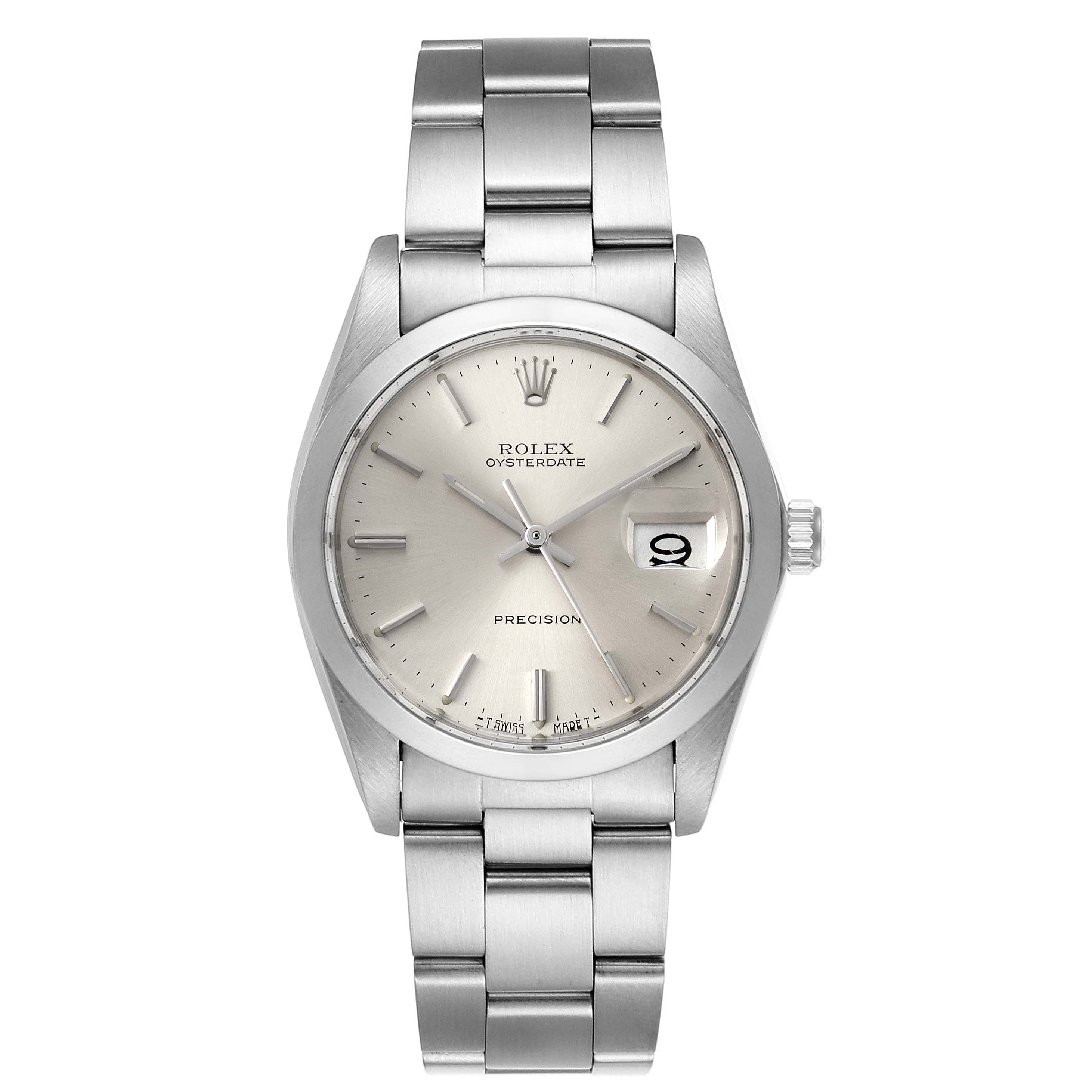The image shows a front view of a Rolex Vintage Collection 6694 Men's Stainless Steel Silver Dial 6694 Men's Stainless Steel Silver Dial Oysterdate watch displaying the dial, bezel, bracelet, and clasp.