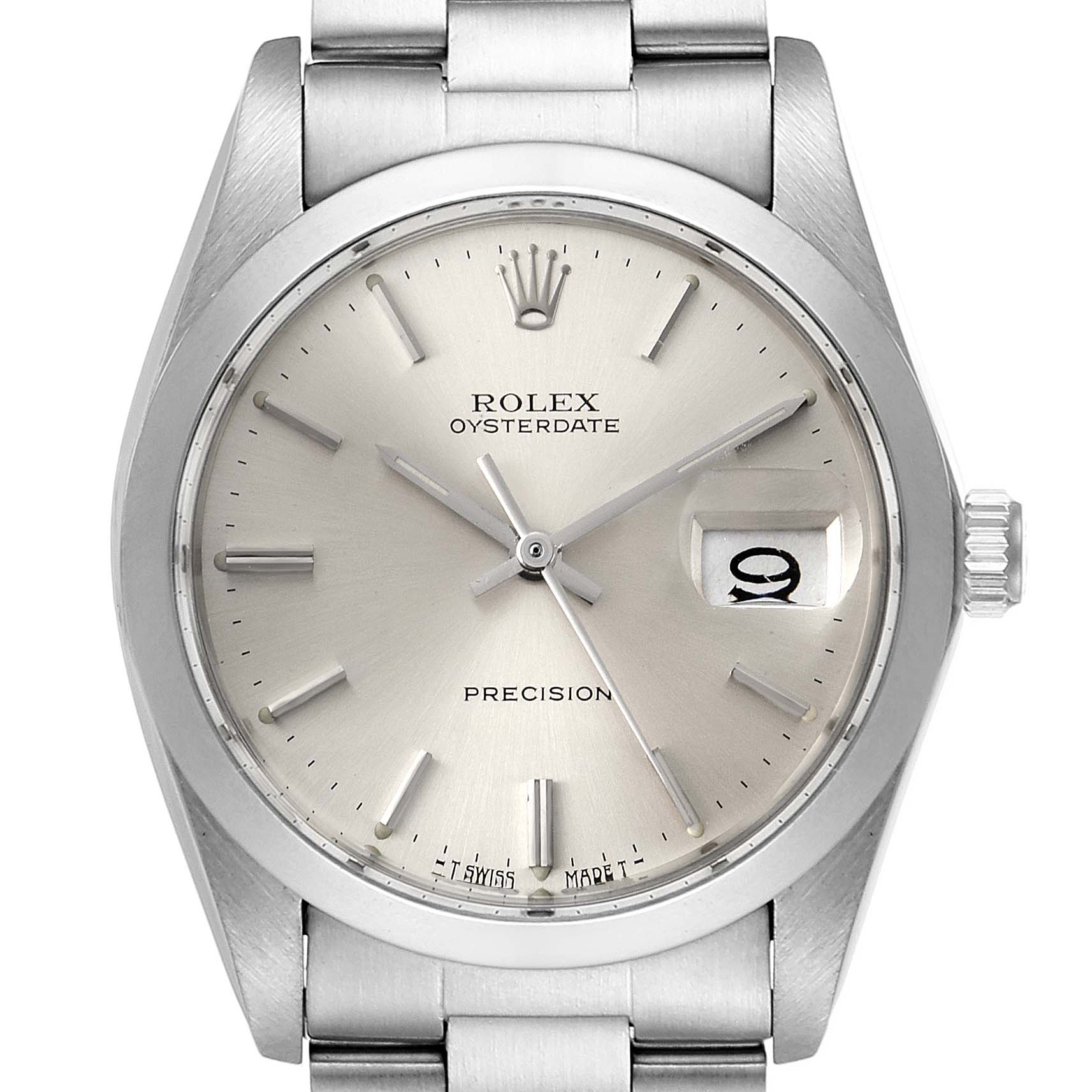 This is a frontal view of the Rolex Vintage Collection 6694 Men's Stainless Steel Silver Dial 6694 Men's Stainless Steel Silver Dial Oysterdate watch, showing the dial, crown, and part of the bracelet.