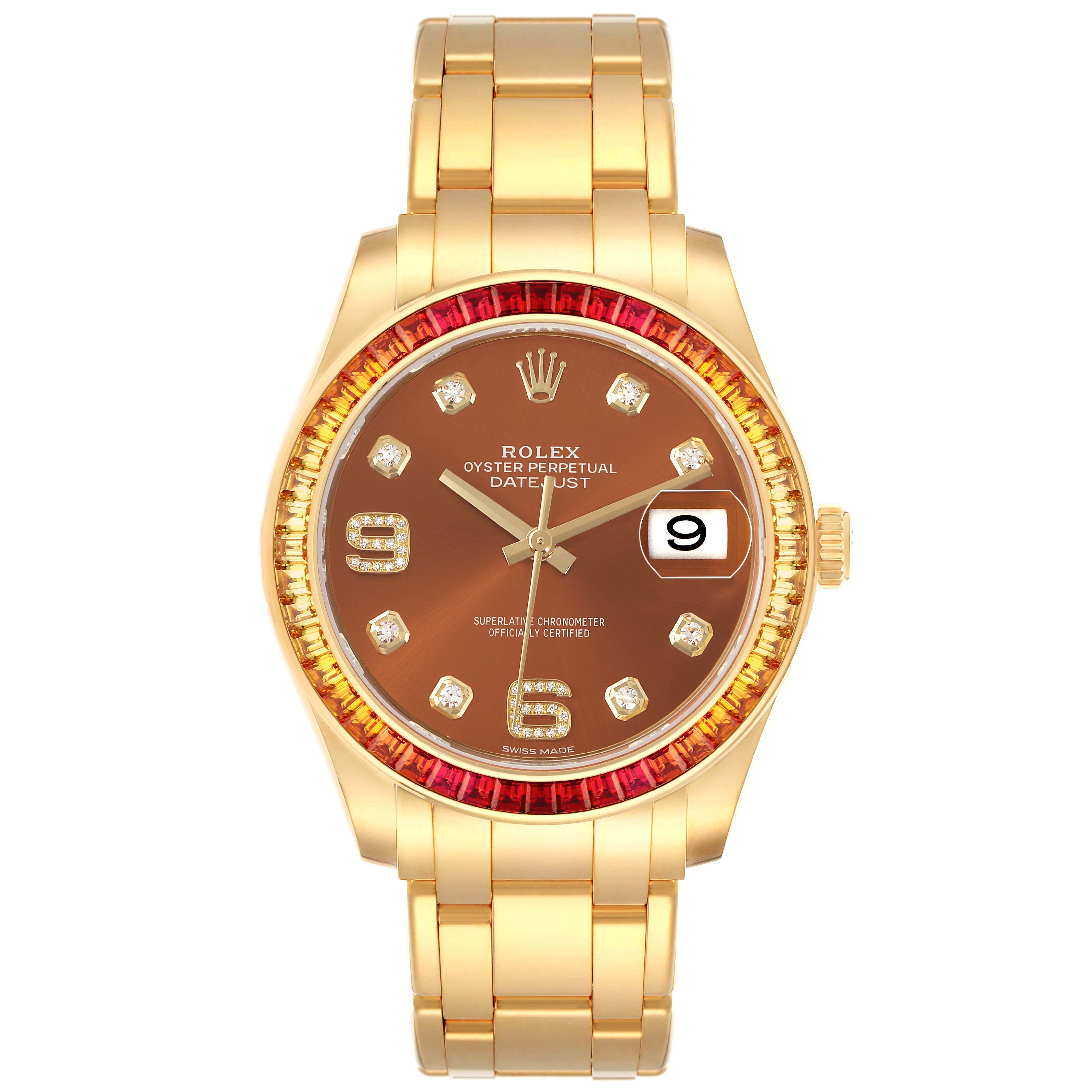 The Rolex Pearlmaster 86348SAJOR Men's Yellow Gold Orange Dial watch is shown from a top-down angle, displaying its gold bracelet, bezel with gemstone accents, and dial with date.