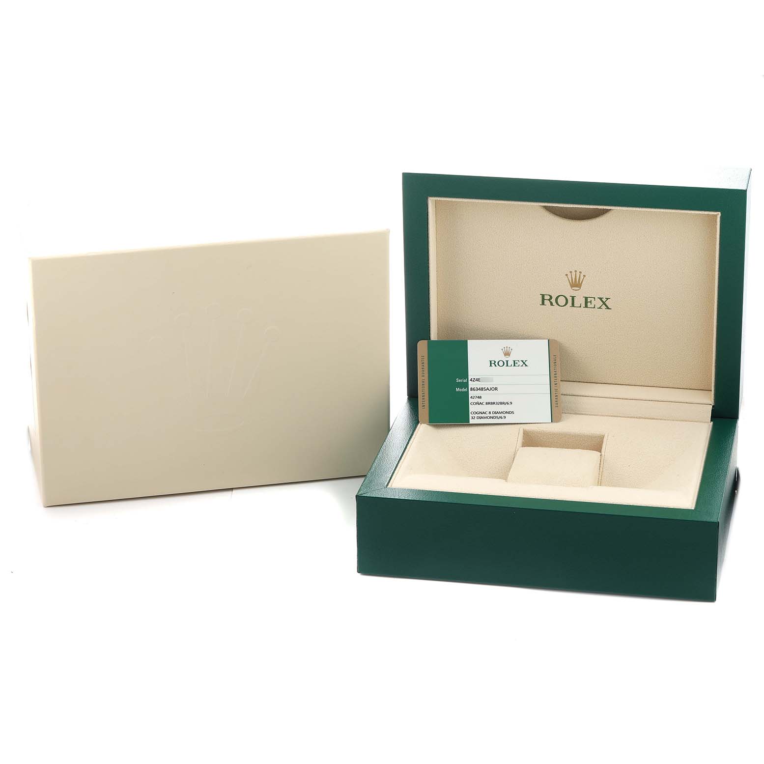 The image shows an open Rolex Pearlmaster 86348SAJOR Men's Yellow Gold Orange Dial watch box with a card holder, at a slight angle from the front.