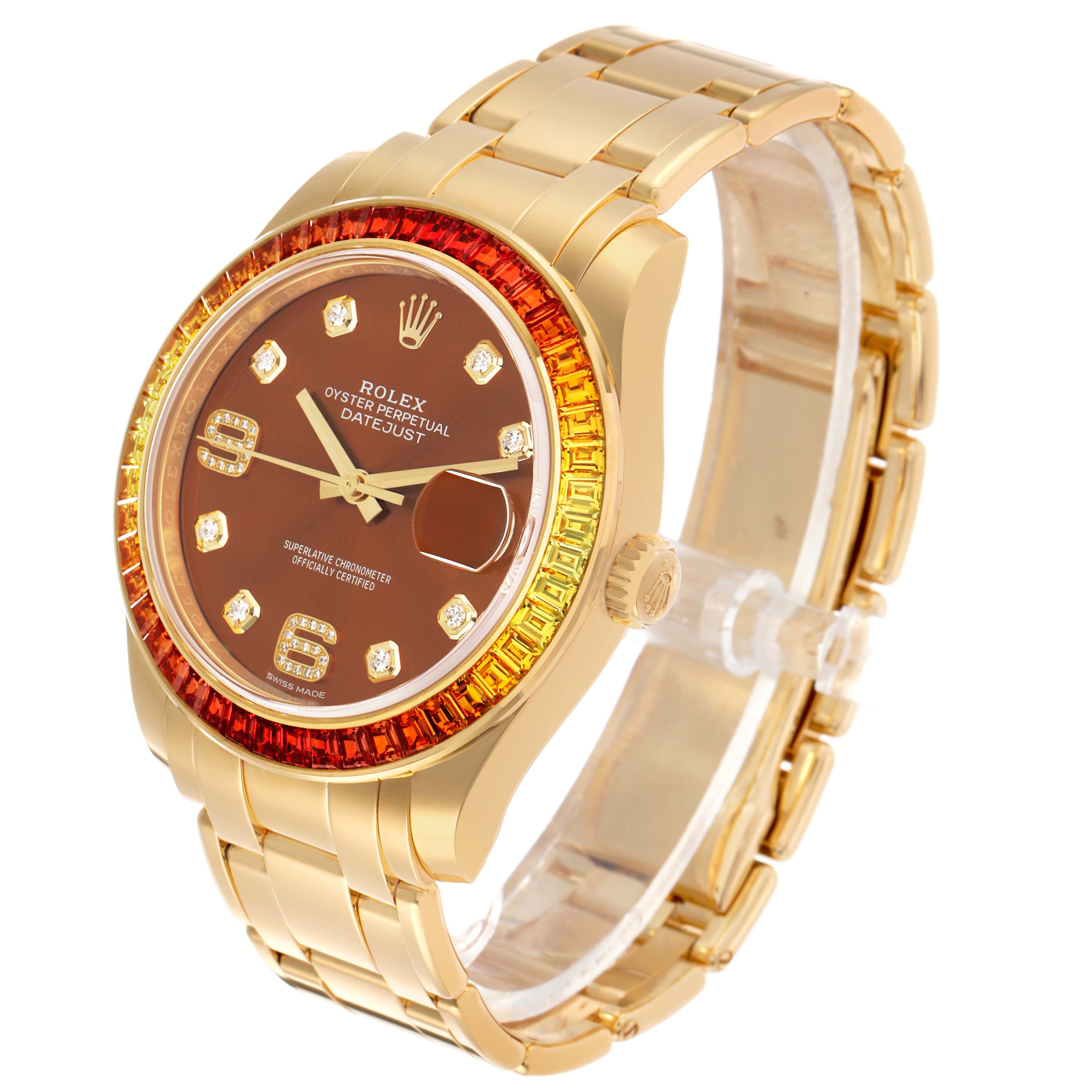 The Rolex Pearlmaster 86348SAJOR Men's Yellow Gold Orange Dial watch is angled to show the face, bezel, and bracelet with a focus on the details.
