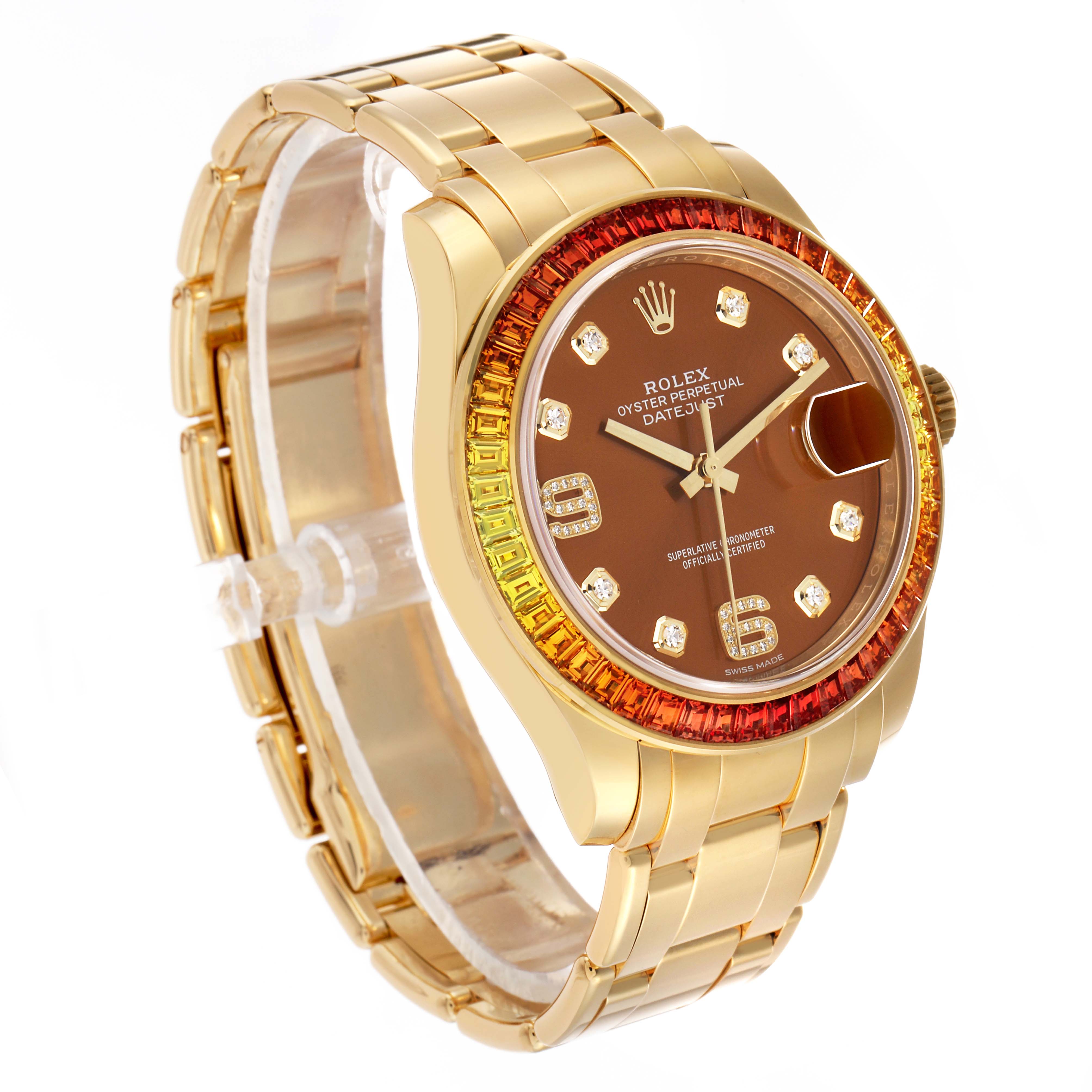 The Rolex Pearlmaster 86348SAJOR Men's Yellow Gold Orange Dial watch is shown at a side angle, displaying the face, dial, bezel, and part of the bracelet.