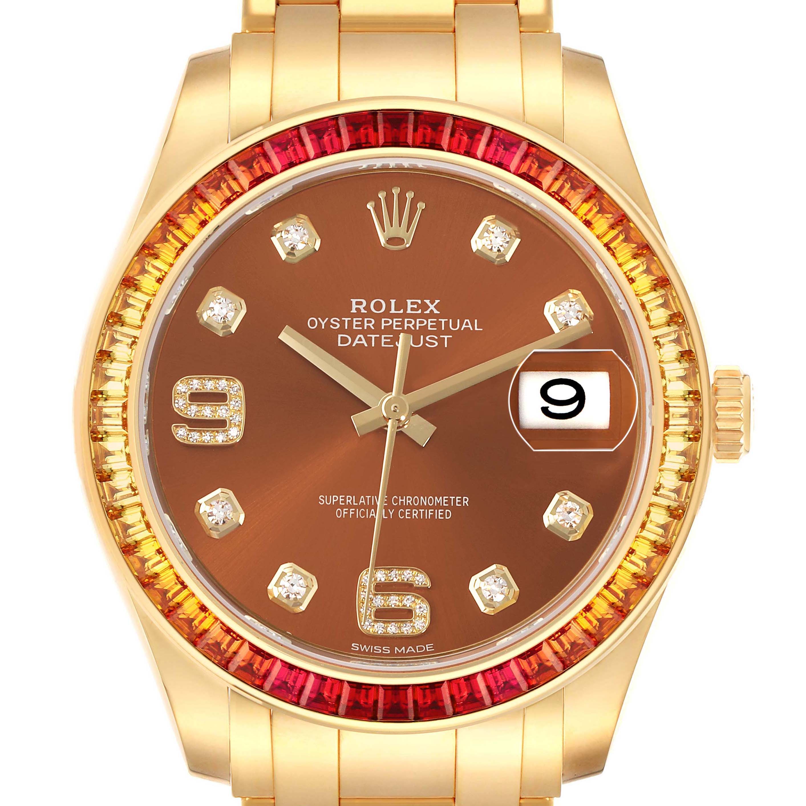 The Rolex Pearlmaster 86348SAJOR Men's Yellow Gold Orange Dial watch is shown from the front, highlighting its dial, bezel, crown, and part of the bracelet.