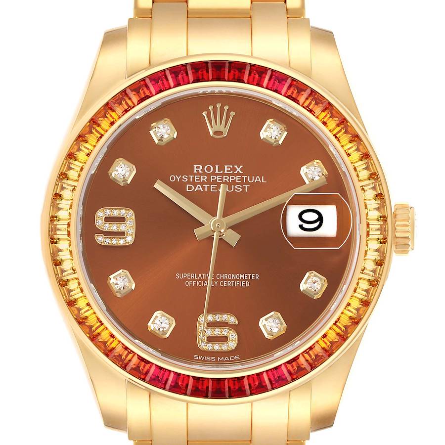 The Rolex Pearlmaster 86348SAJOR Men's Yellow Gold Orange Dial watch is shown from the front, highlighting its dial, bezel, crown, and part of the bracelet.